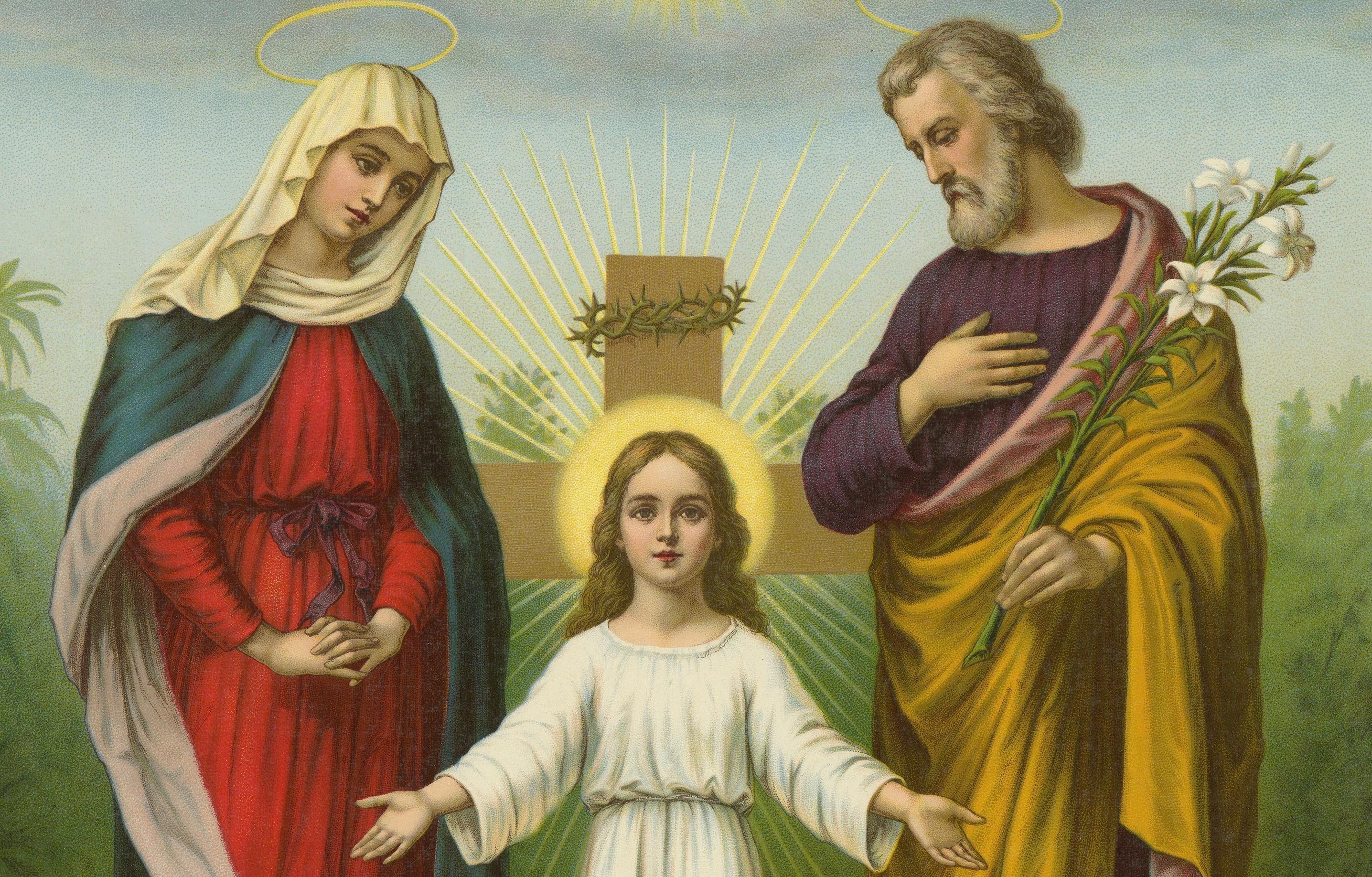 20ième siècle Sainte Famille avec Dieu le Père - Chromolithographie allemande ancienne, 1900 en vente