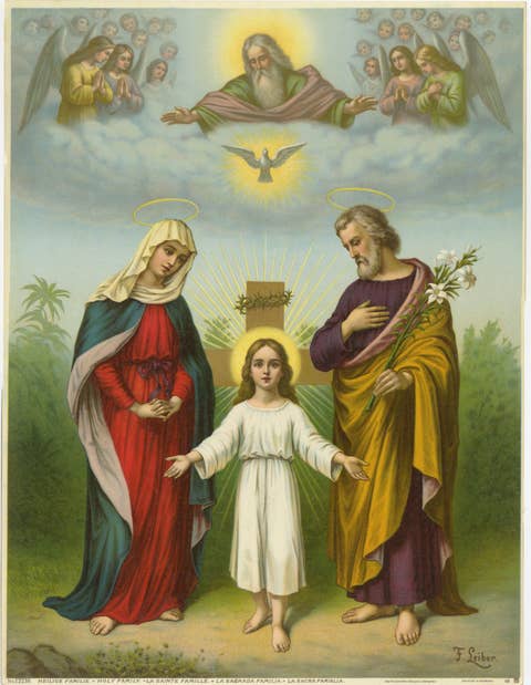 Holy Family with God the Father – Antique German Chromolithograph, 1900