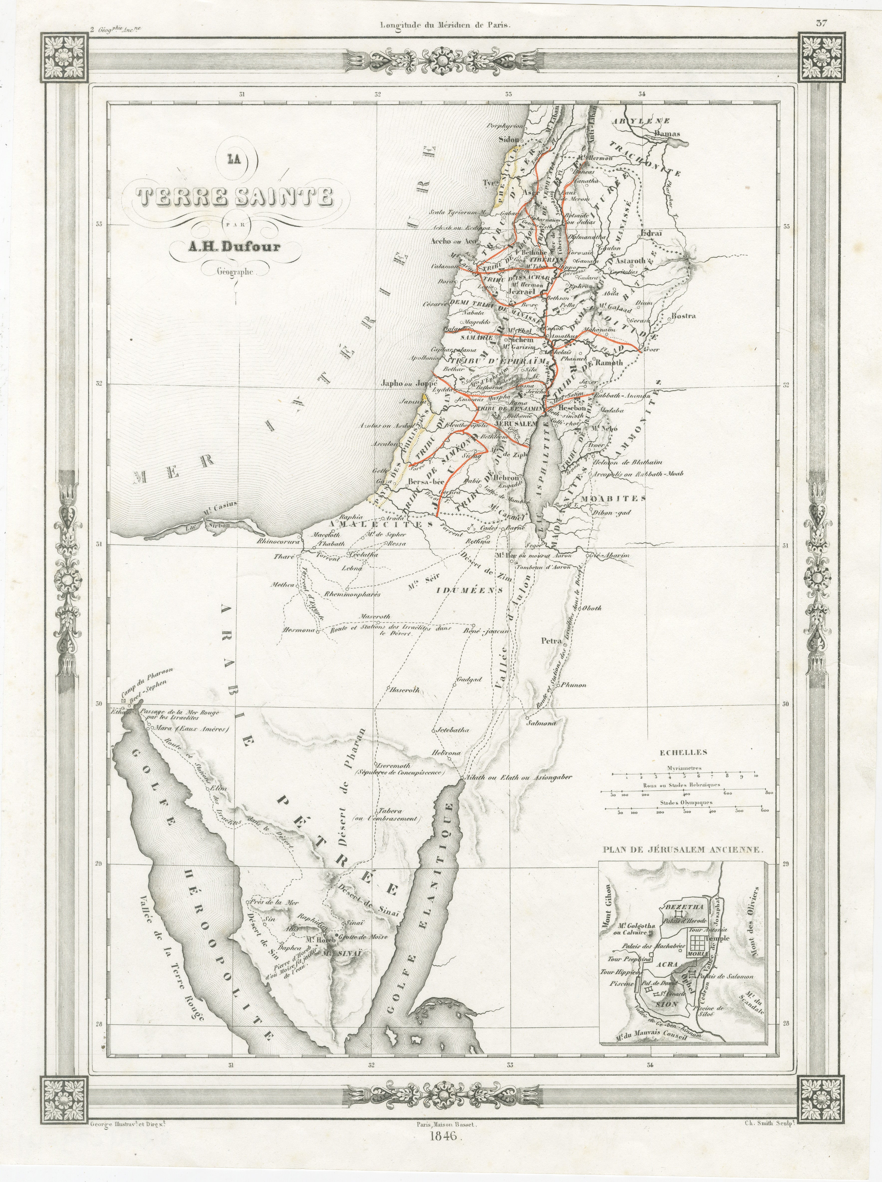 Holy Land Map, Jerusalem & Sinai — Dufour Biblical Map, Paris 1846