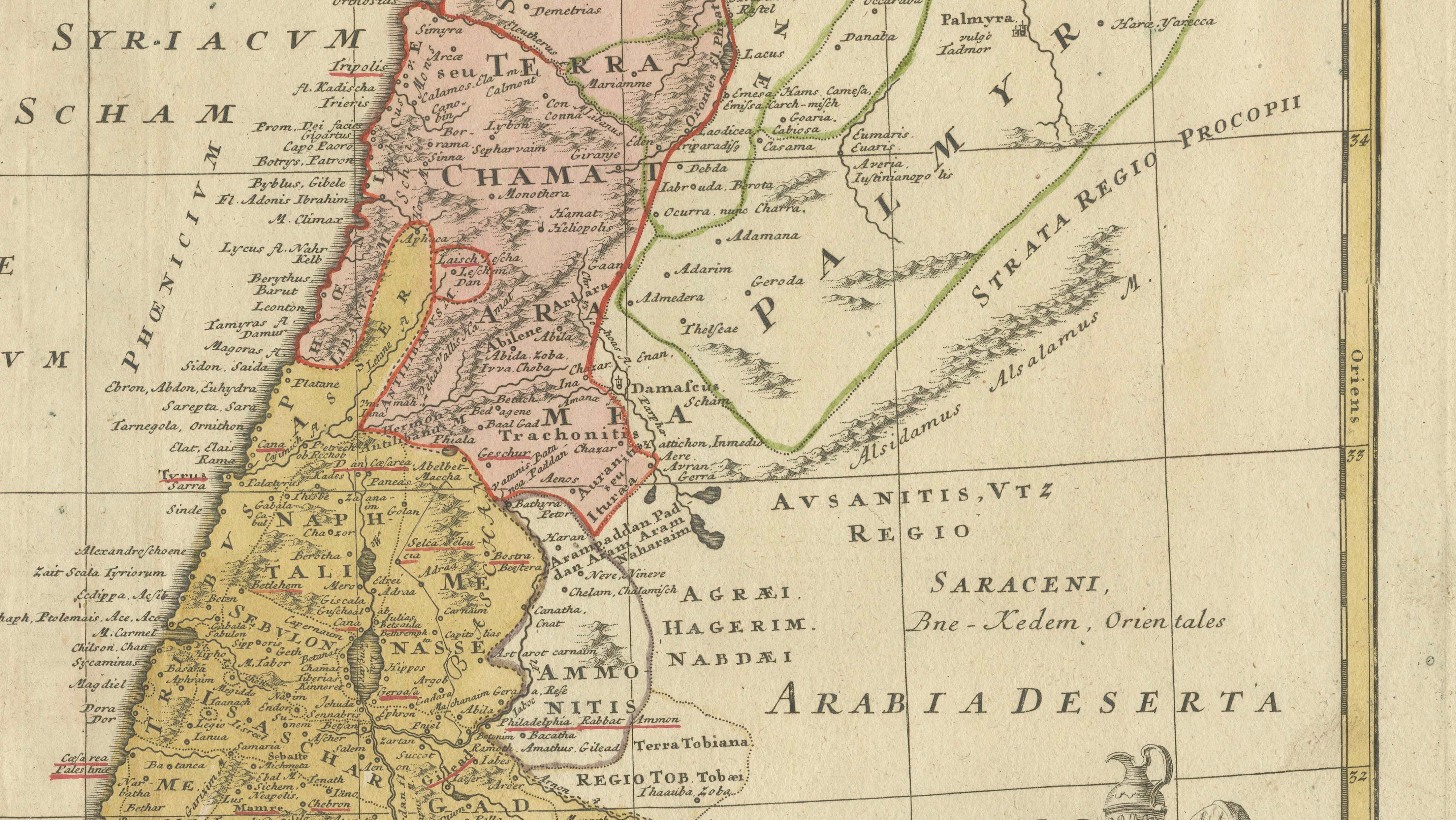 Holy Land Map Palestine Homann Heirs, Hand Colored, c.1744