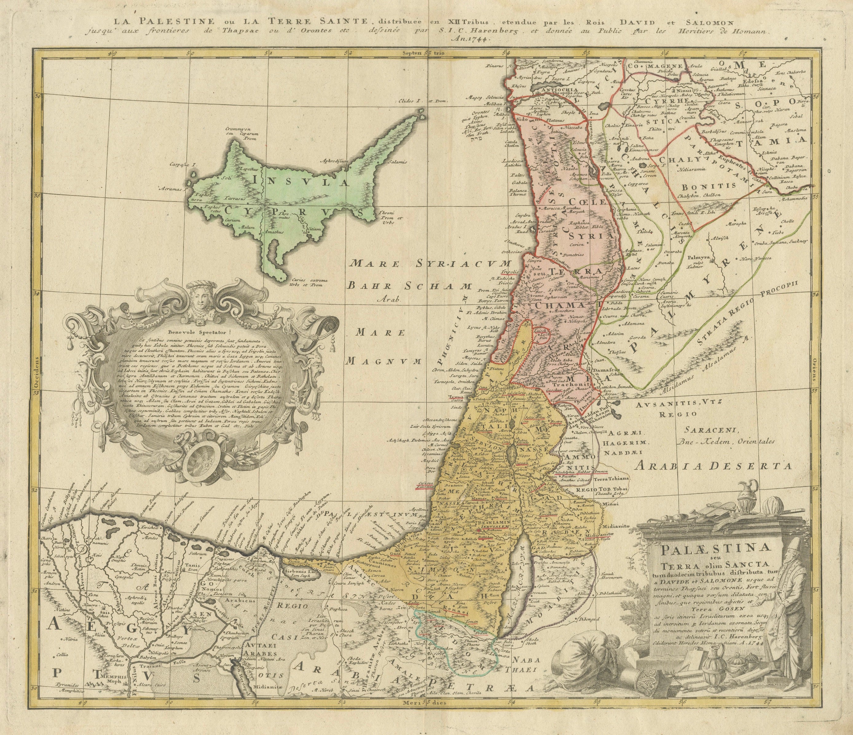 Holy Land Map Palestine Homann Heirs, Hand Colored, c.1744