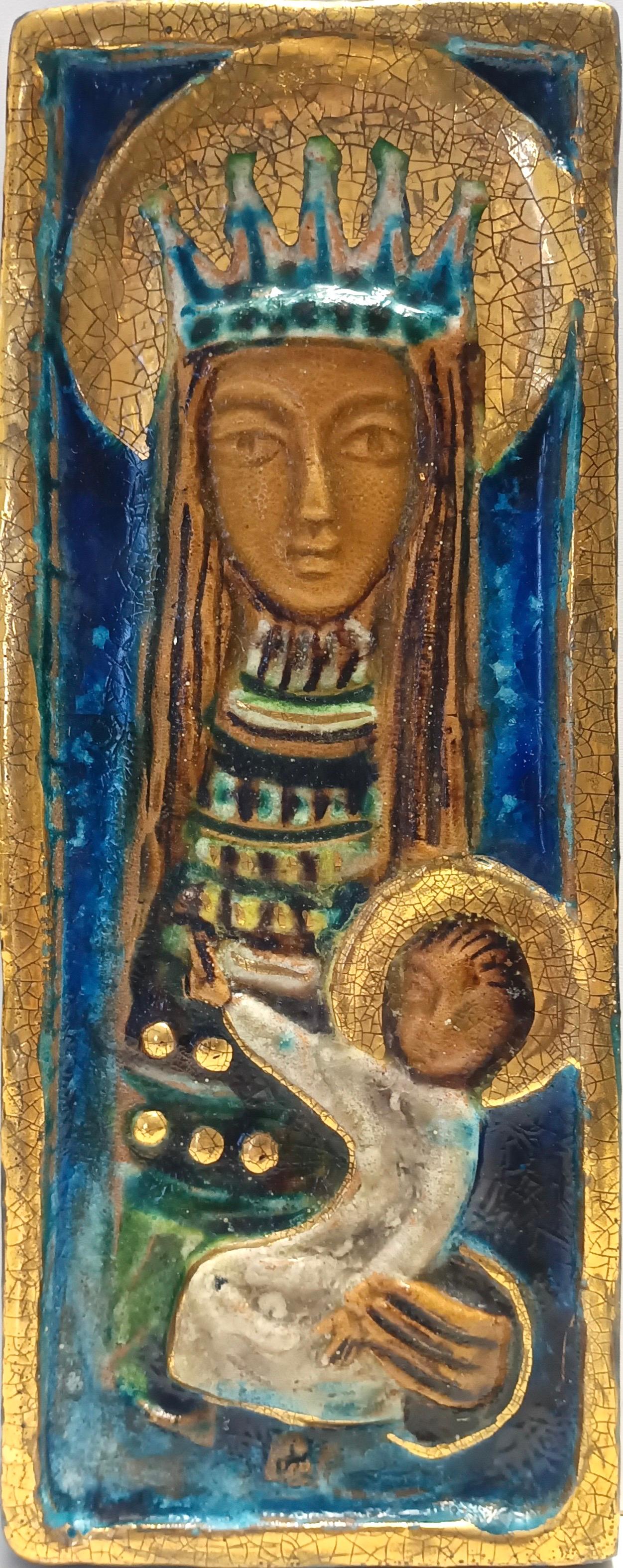 Metà XX secolo Pannello in ceramica dipinto a mano con Maria e Gesù, Italia in vendita