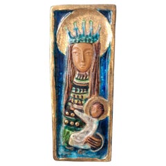 Holy Mary and Jesus Hand-Painted Ceramic Panel, Italy