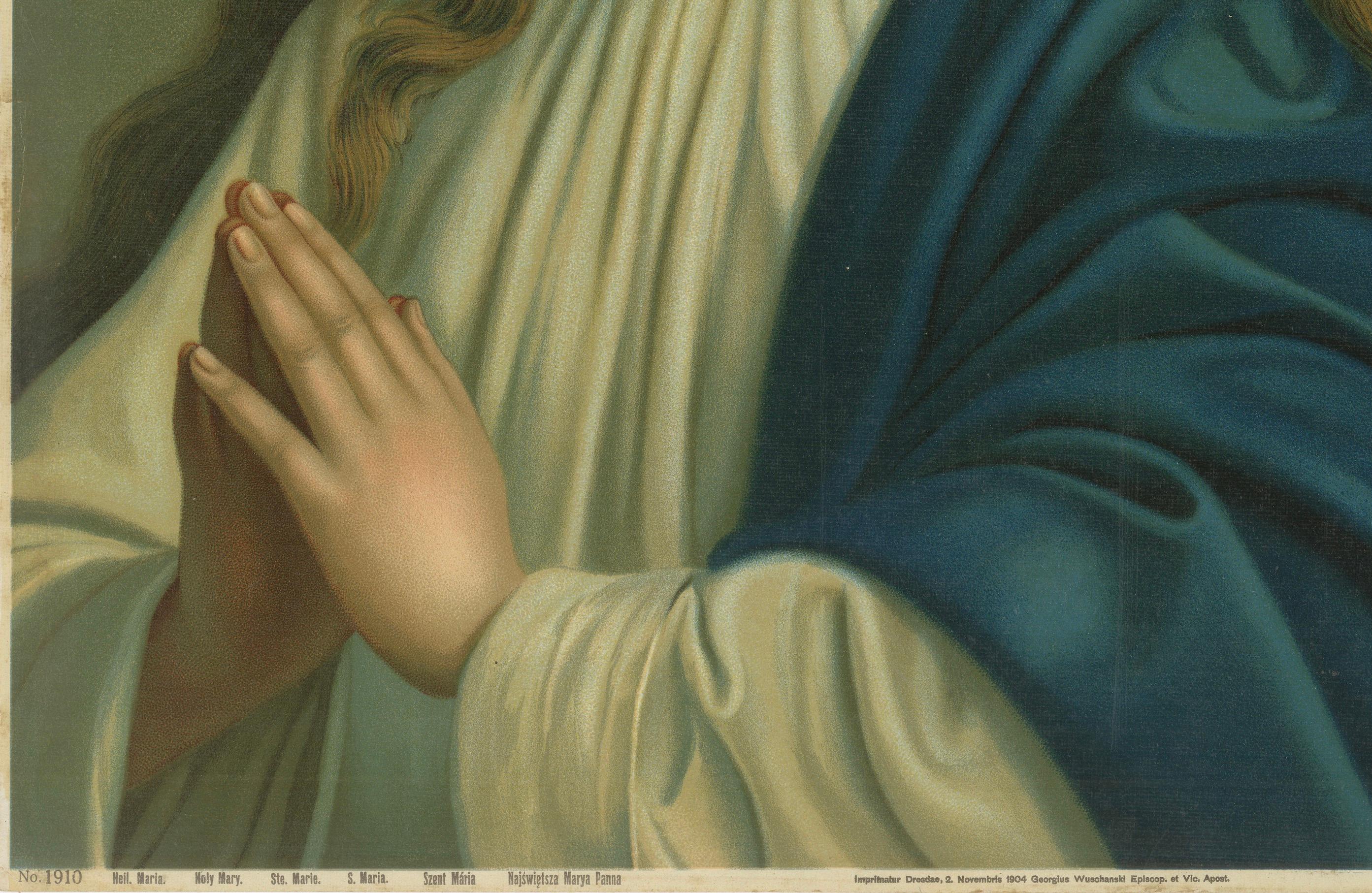 Sainte Marie en prière - Chromolithographie mariale allemande ancienne, 1904 Bon état - En vente à Langweer, NL