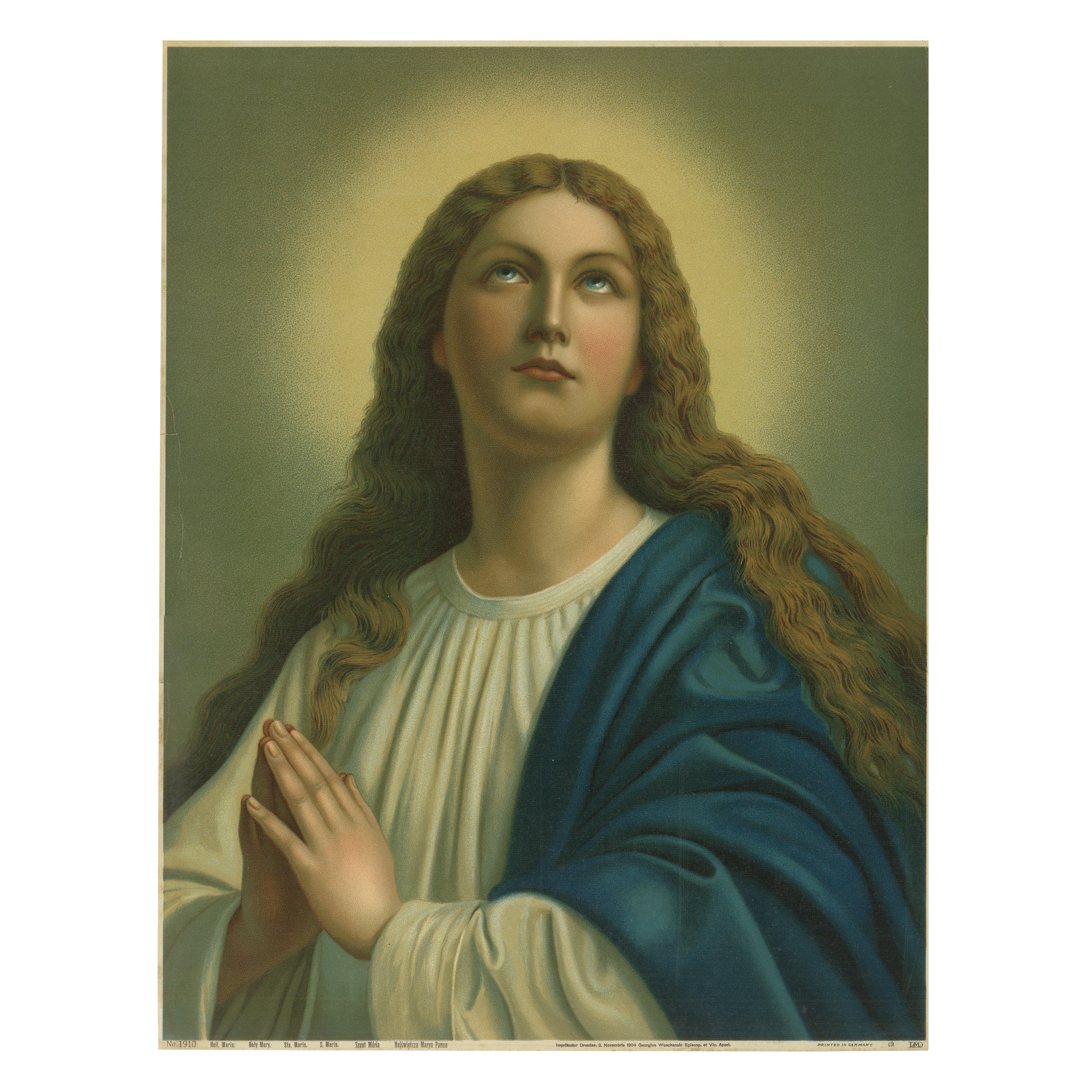 Holy Mary in Prayer – Antique German Marian Chromolithograph, 1904