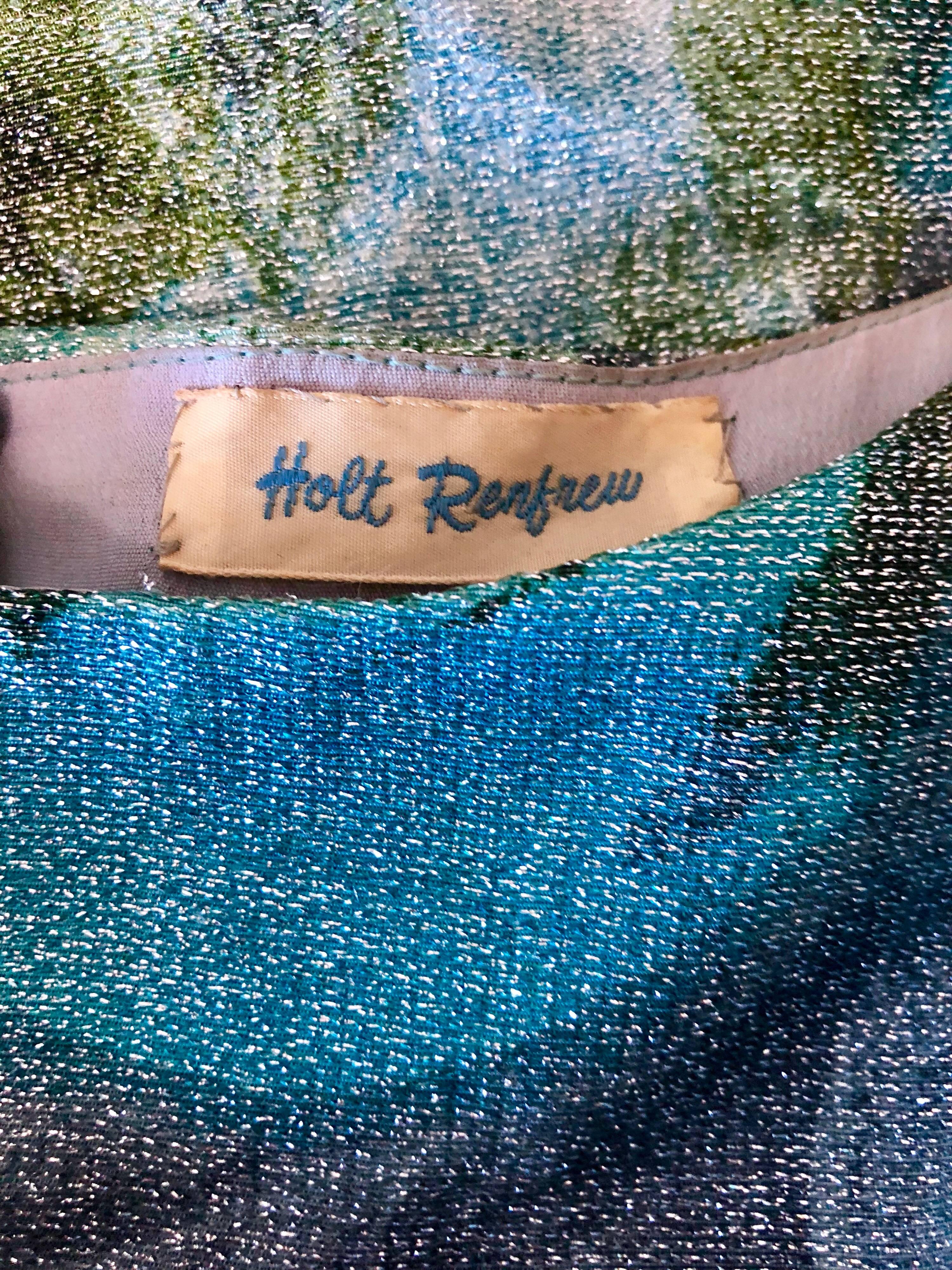 1960s Holt Renfrew Silk Lurex Blue + Green Metallic Watercolor 60s A Line Dress For Sale 3