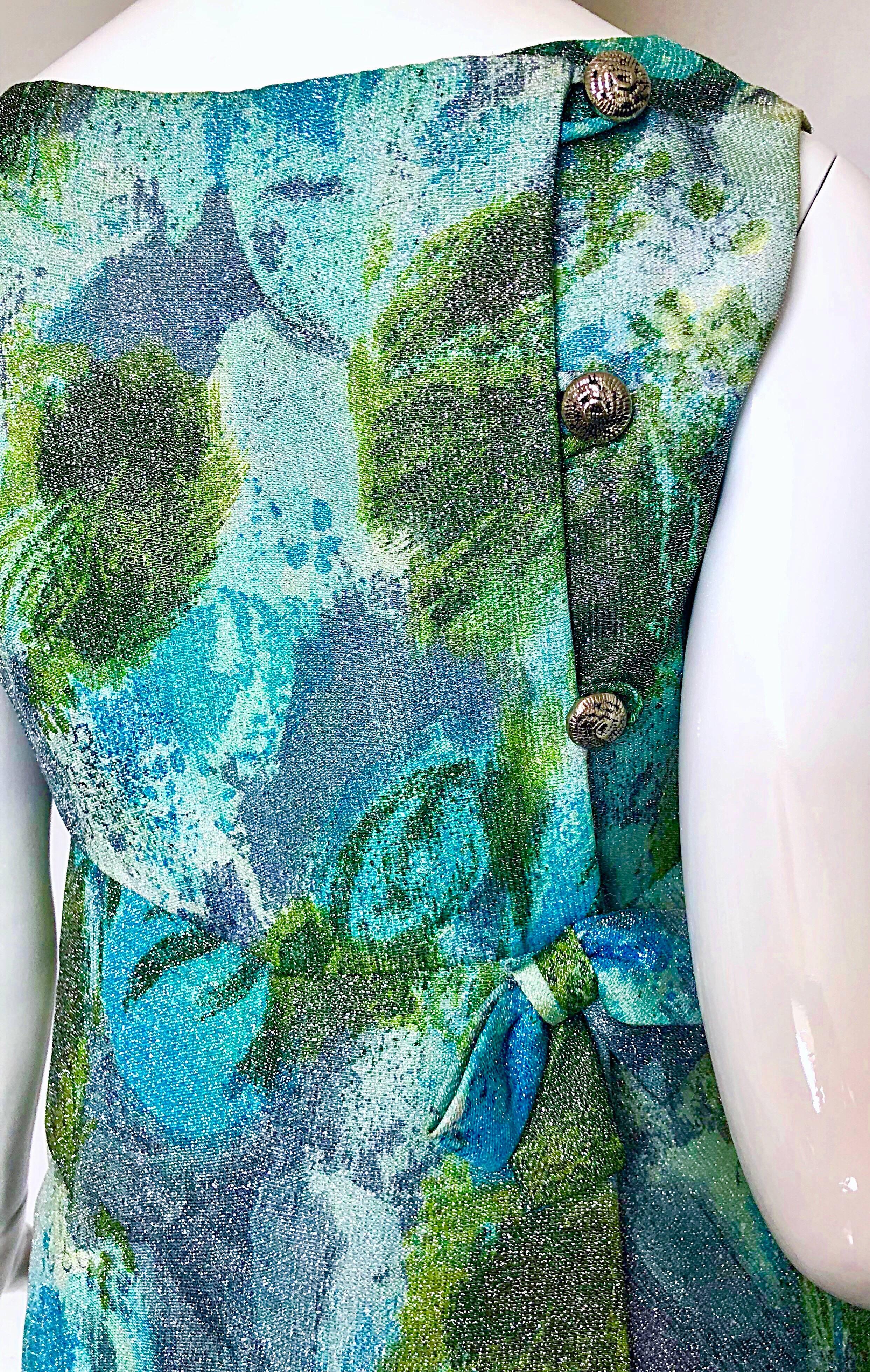 Holt Renfrew 1960er Seide Lurex Blau + Grün Metallic 60er A-Linien-Kleid in Aquarellfarben im Zustand „Hervorragend“ im Angebot in San Diego, CA