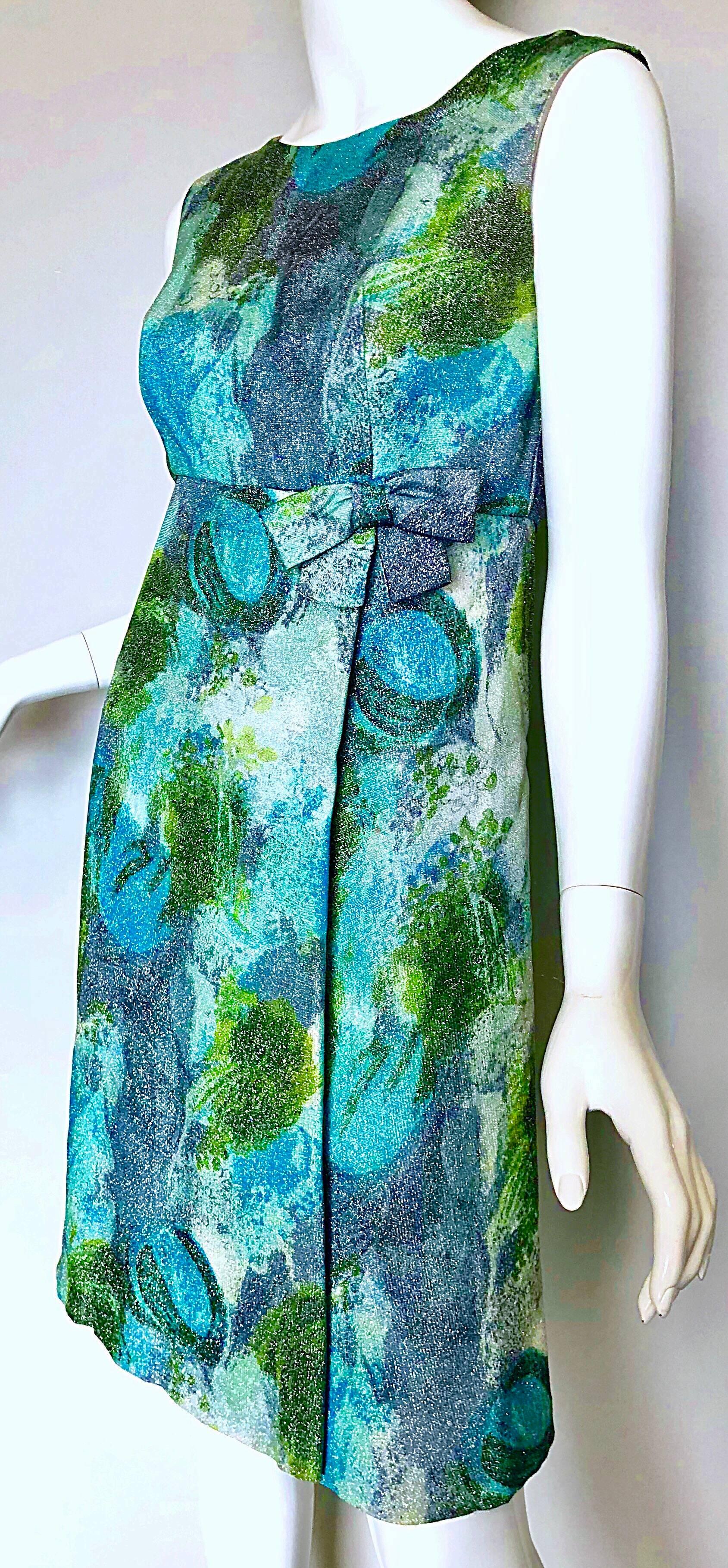 Holt Renfrew 1960er Seide Lurex Blau + Grün Metallic 60er A-Linien-Kleid in Aquarellfarben Damen im Angebot