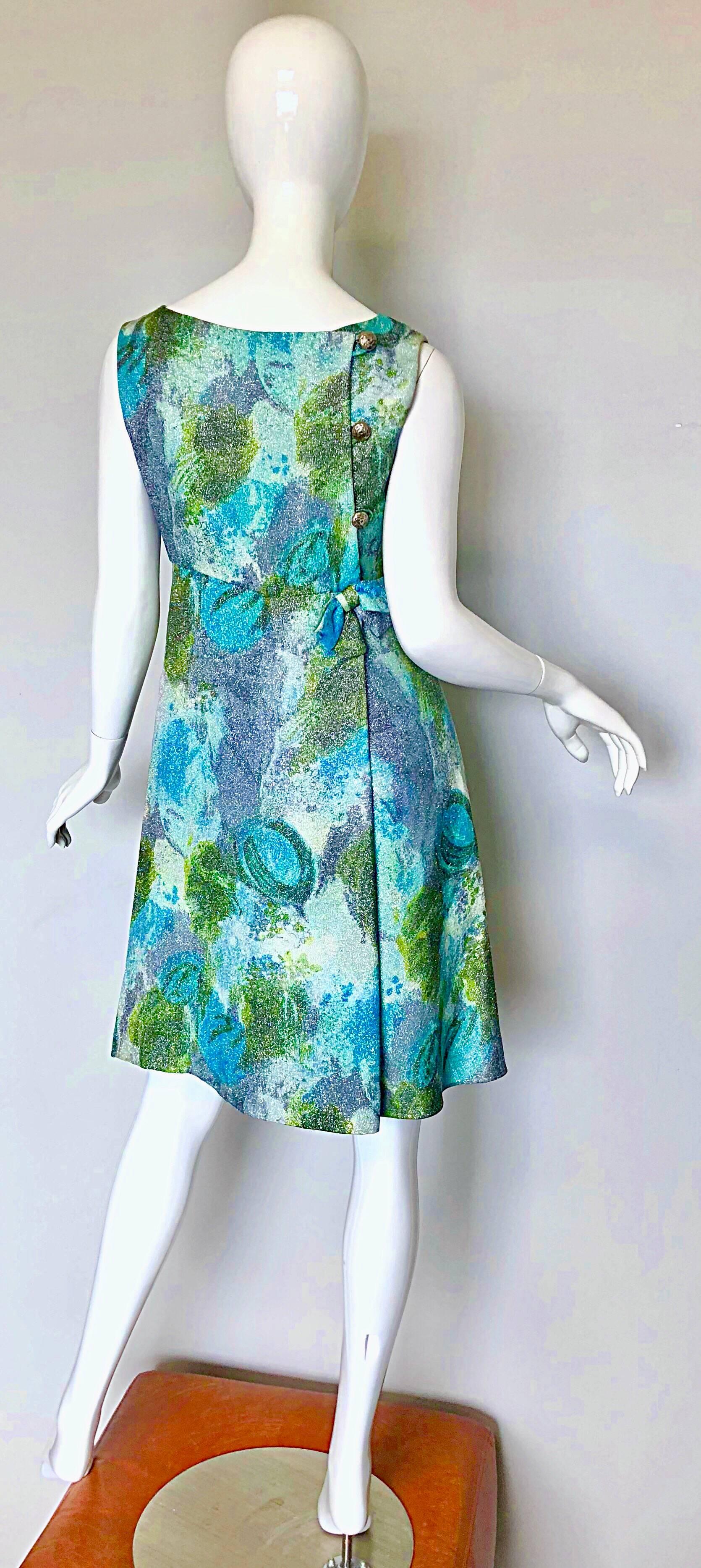 Holt Renfrew 1960er Seide Lurex Blau + Grün Metallic 60er A-Linien-Kleid in Aquarellfarben im Angebot 1