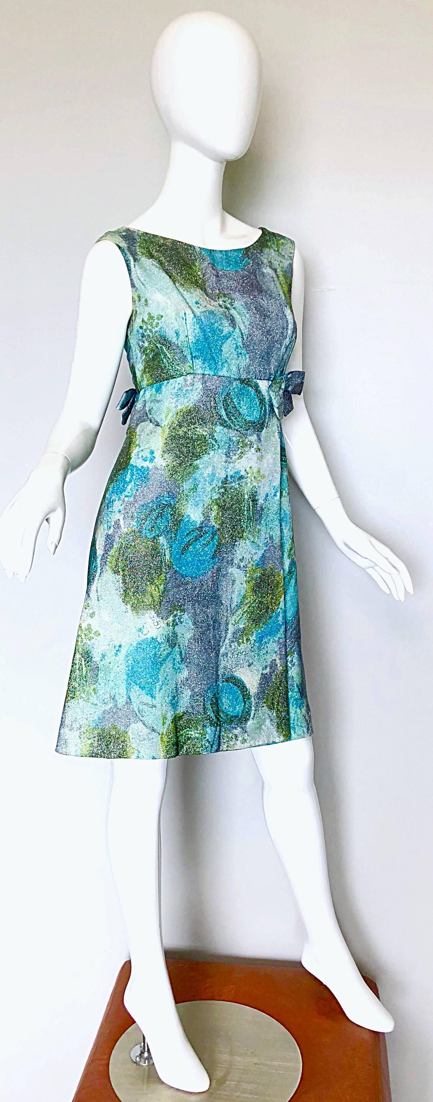 1960s Holt Renfrew Silk Lurex Blue + Green Metallic Watercolor 60s A Line Dress In Excellent Condition For Sale In San Diego, CA