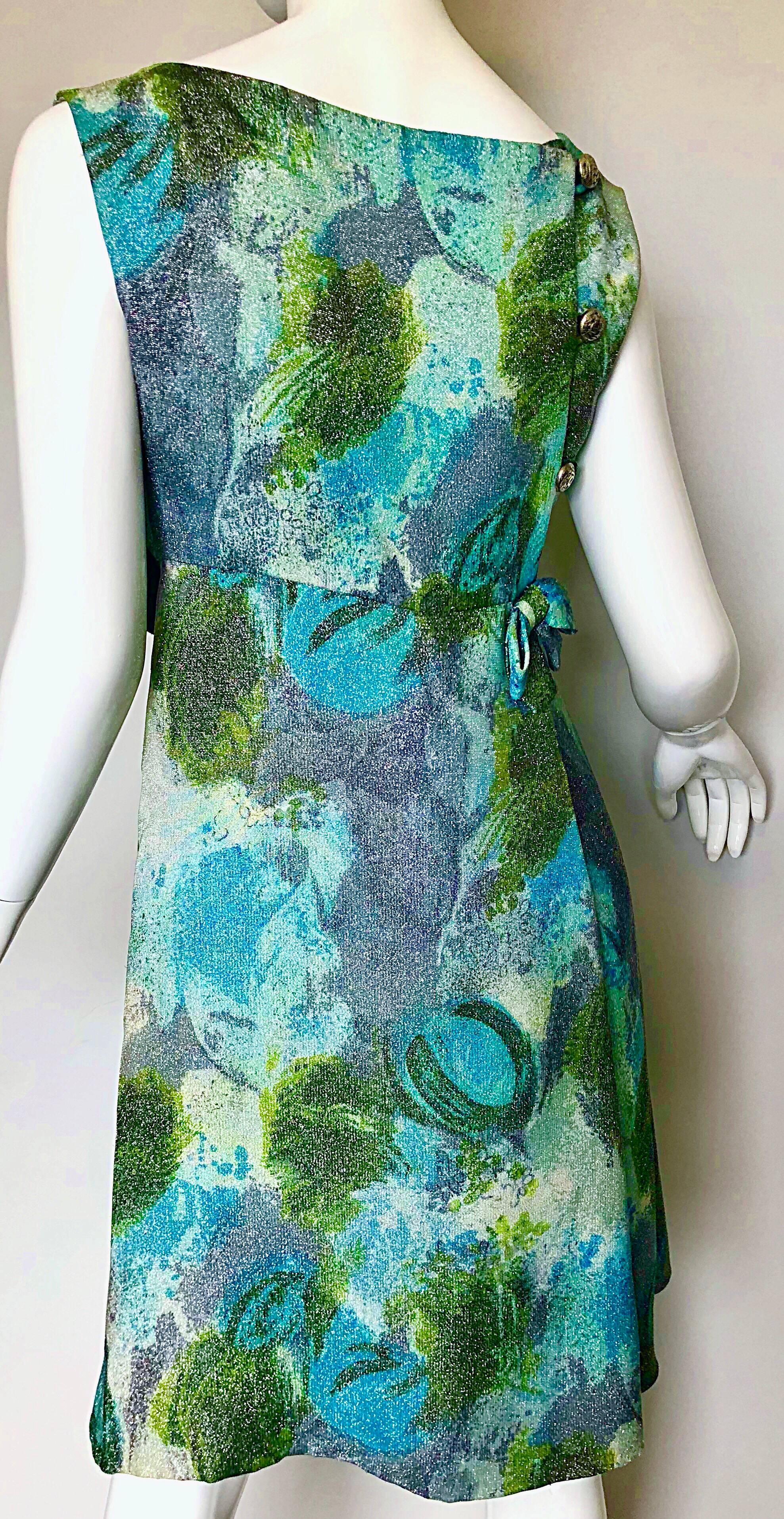 Women's 1960s Holt Renfrew Silk Lurex Blue + Green Metallic Watercolor 60s A Line Dress For Sale