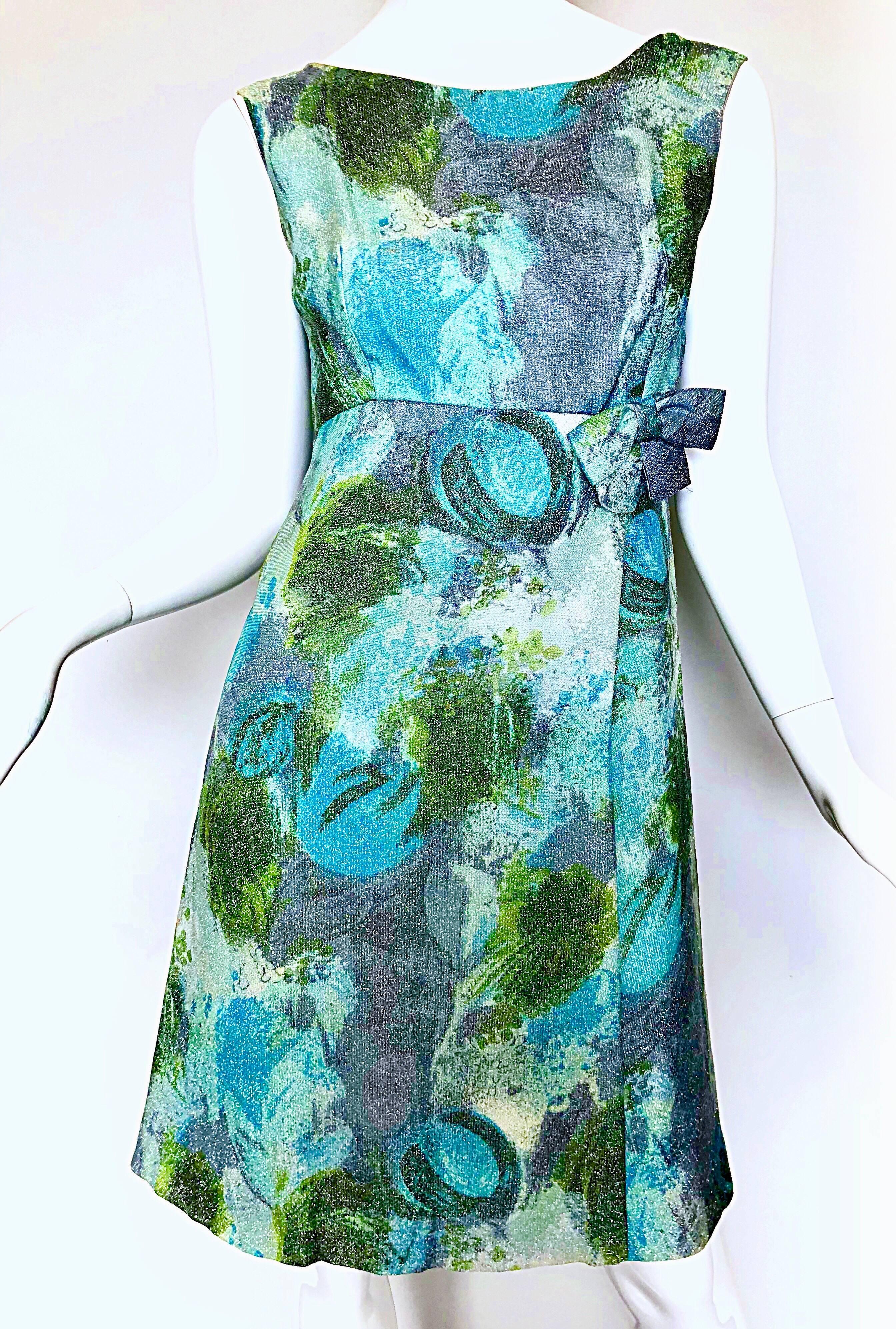 Holt Renfrew 1960er Seide Lurex Blau + Grün Metallic 60er A-Linien-Kleid in Aquarellfarben im Angebot 4