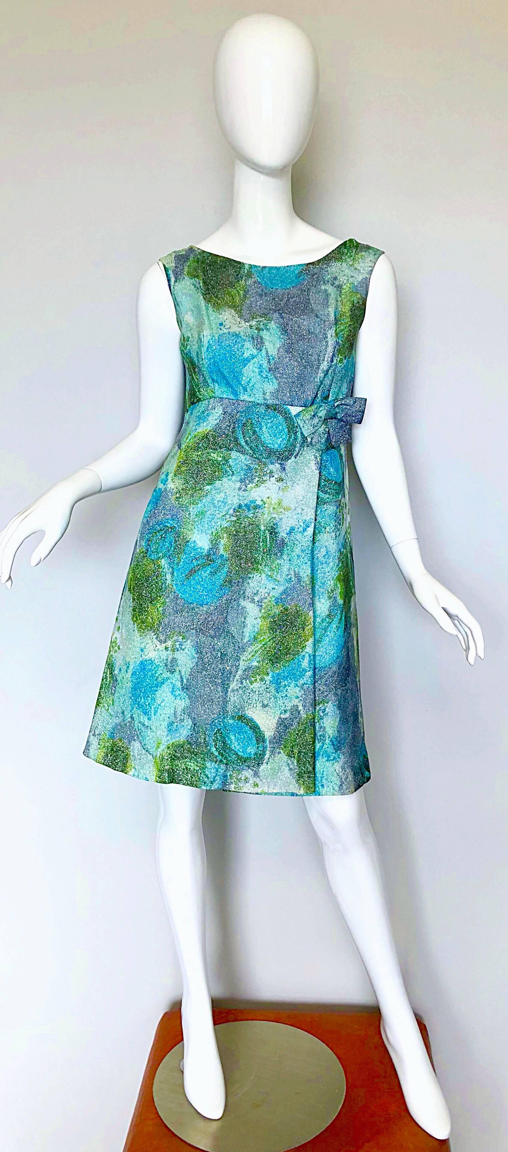 1960s Holt Renfrew Silk Lurex Blue + Green Metallic Watercolor 60s A Line Dress For Sale 2