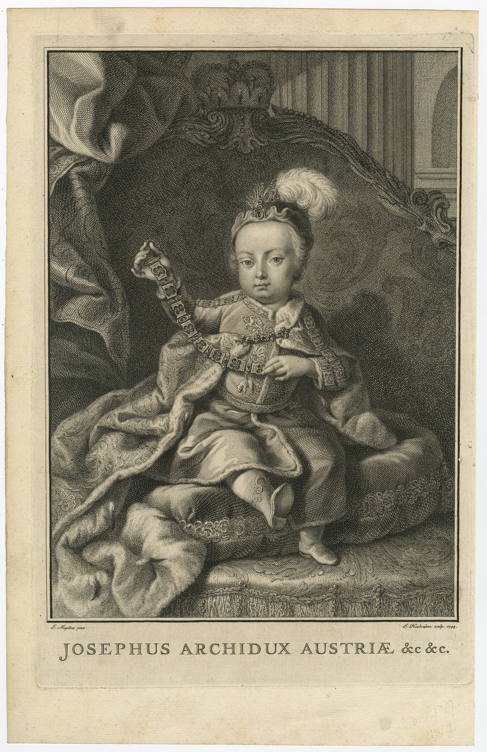 Antique print, titled: 'Josephus Archidux Austriae etc.' 

This original antique plate shows a portrait of Joseph I (26 July 1678 – 17 April 1711), Holy Roman Emperor from 1705 until his death in 1711. Source unknown, to be determined.

Joseph I
