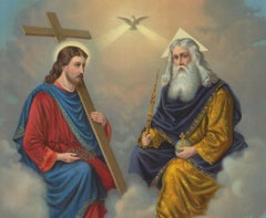 Holy Trinity Enthroned in Heaven, Antique German Chromolithograph c.1900