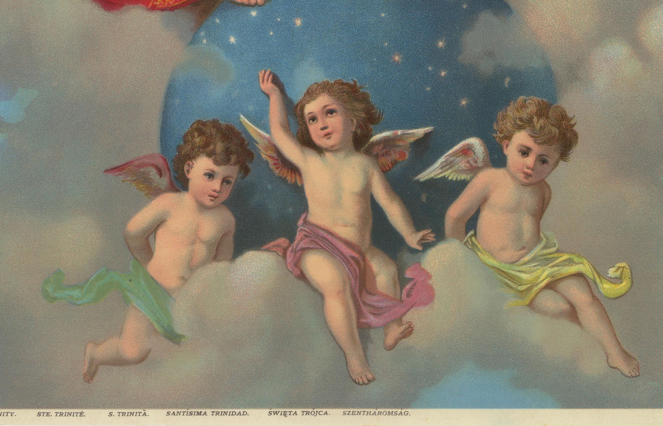 Heilige Dreifaltigkeit thronend im Himmel, antike deutsche Chromolithographie um 1900 im Zustand „Gut“ im Angebot in Langweer, NL