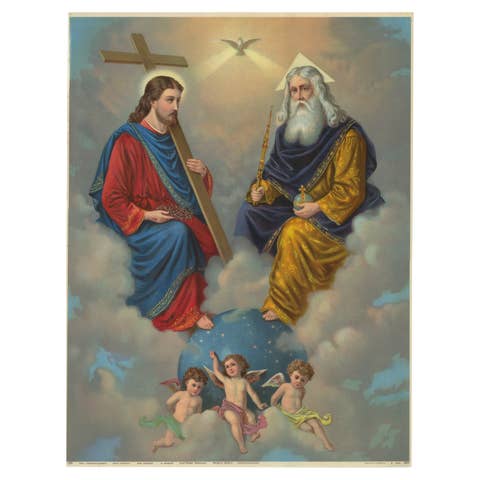 Holy Trinity Enthroned in Heaven, Antique German Chromolithograph c.1900