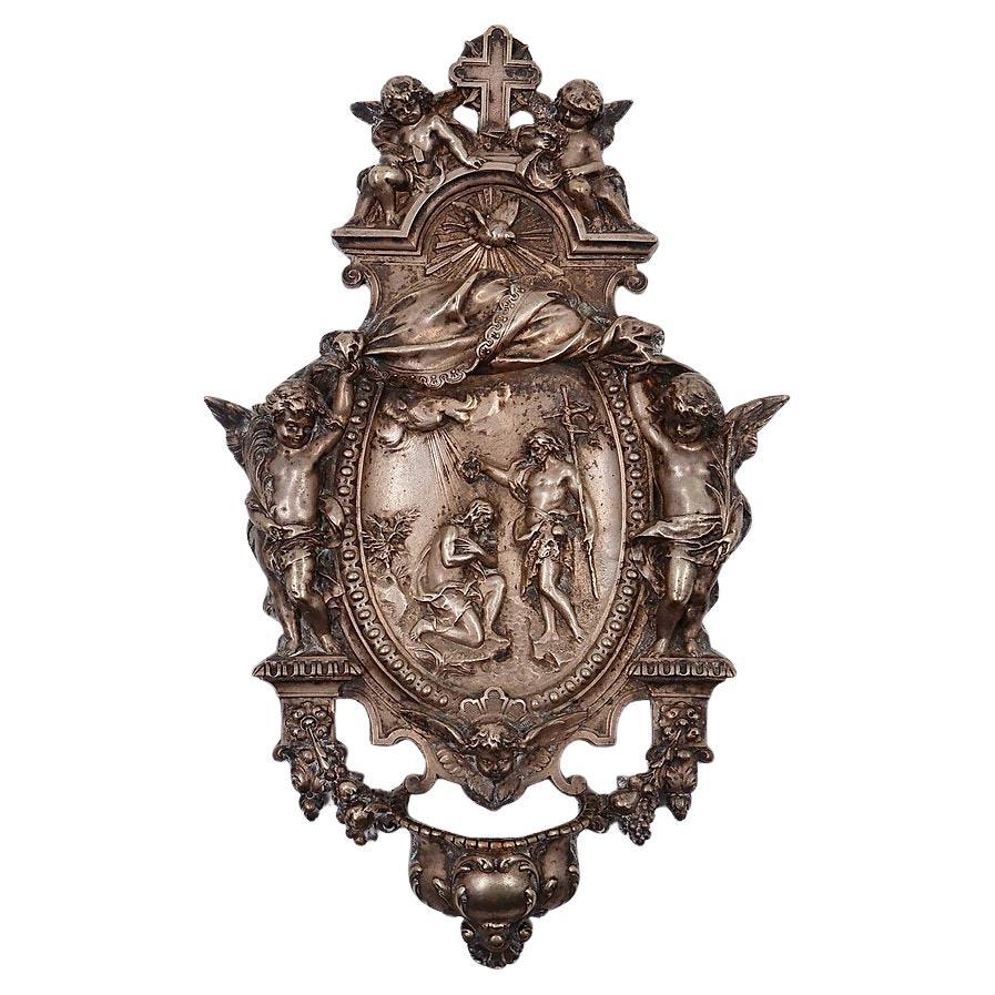 Holy water font depicting "The Baptism of Christ" in sterling silver - 20th