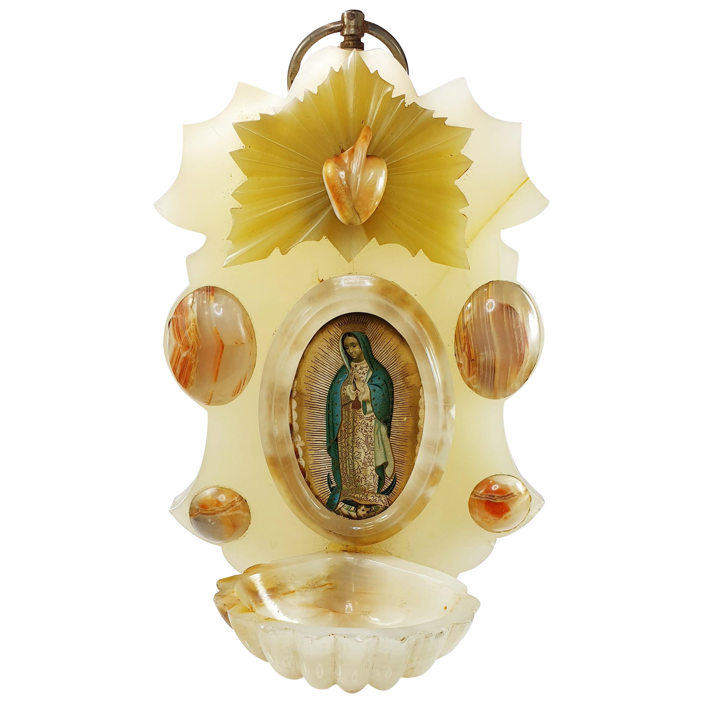 Holy Water Font with Lady of Guadalupe and Angel in Green Alabaster and Agate For Sale