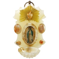 Holy Water Font with Lady of Guadalupe and Angel in Green Alabaster and Agate