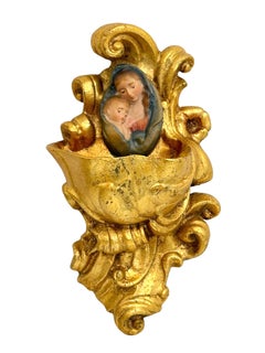 Holy Water Font with Virgin Mary and Jesus Child in wood, Gilded 1980s
