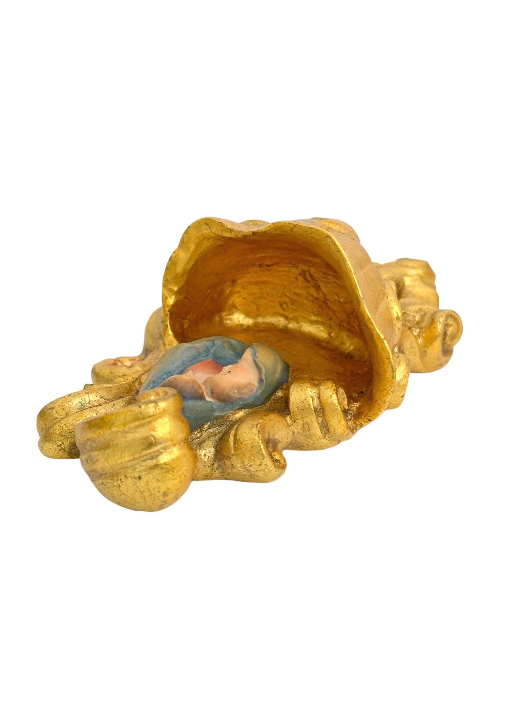 German Holy Water Font with Virgin Mary and Jesus Child in wood, Gilded 1980s For Sale