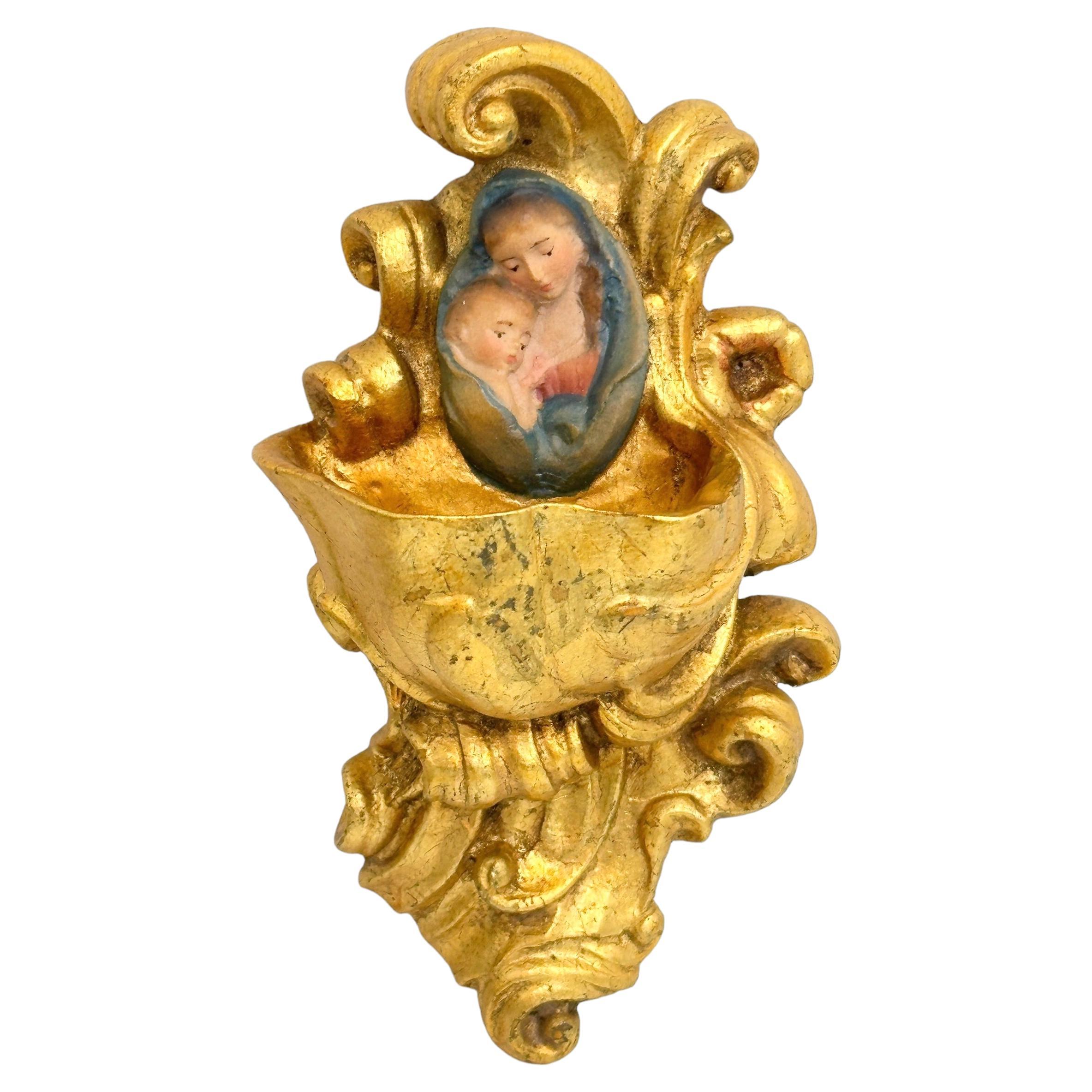 Holy Water Font with Virgin Mary and Jesus Child in wood, Gilded 1980s