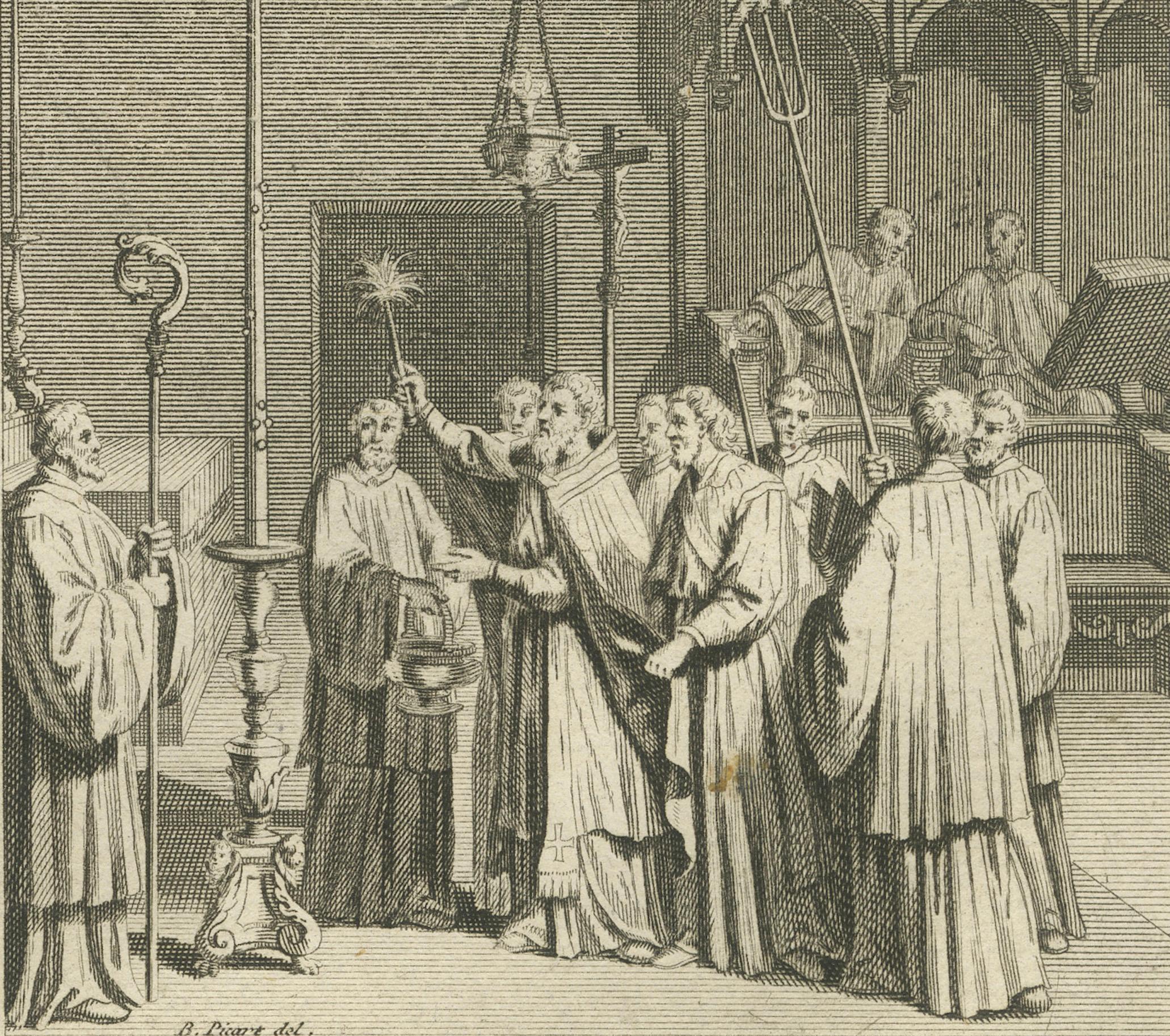 Titolo: Riti della Settimana Santa e della Candelora - Rara incisione del 1734 di scene liturgiche cattoliche

Descrizione:
Questa rara stampa finemente incisa del XVIII secolo presenta sei distinti rituali cattolici associati alla Candelora e alla