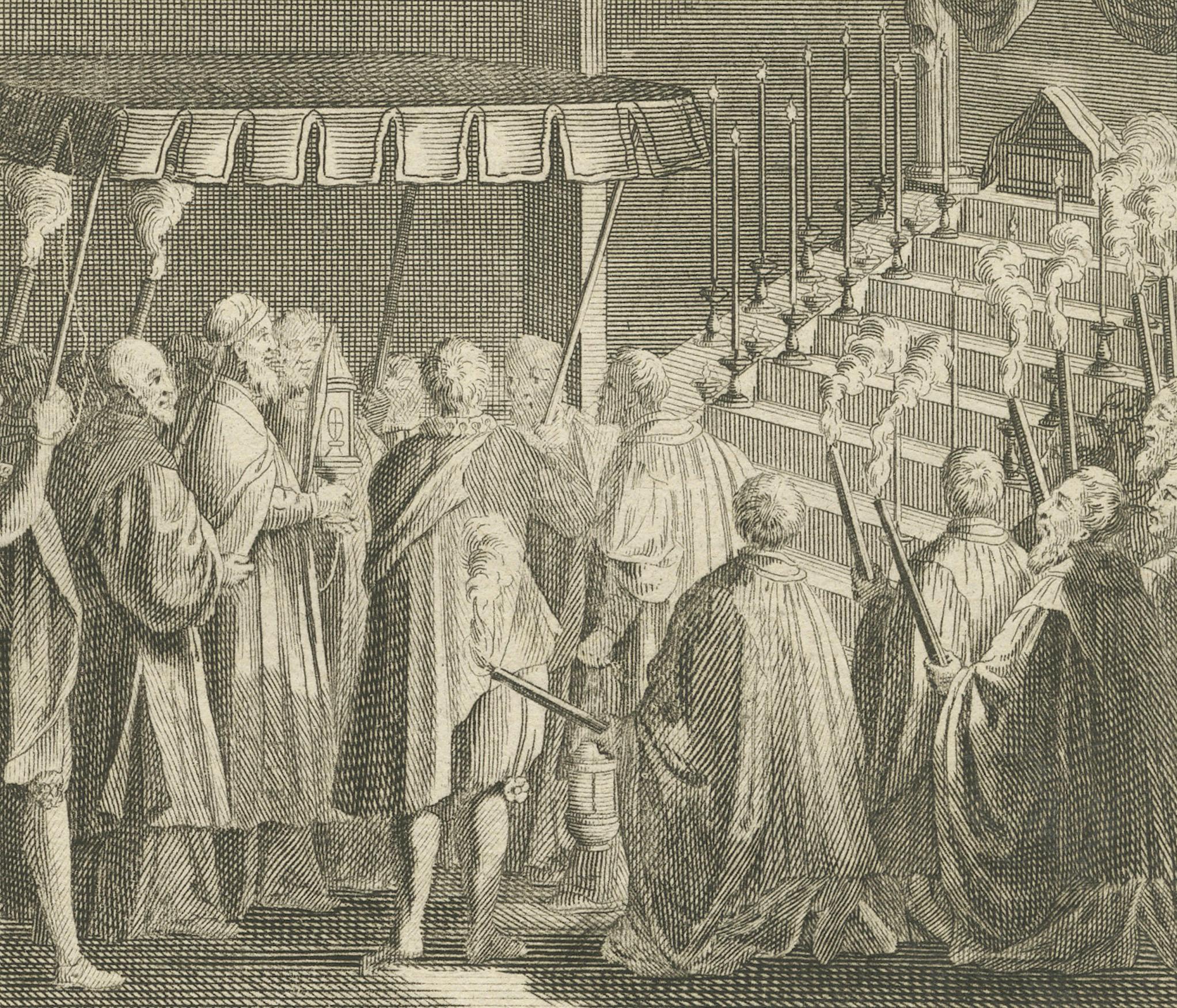 Inciso Riti della Settimana Santa e della Candelora - Incisione del 1734 di scene liturgiche cattoliche in vendita