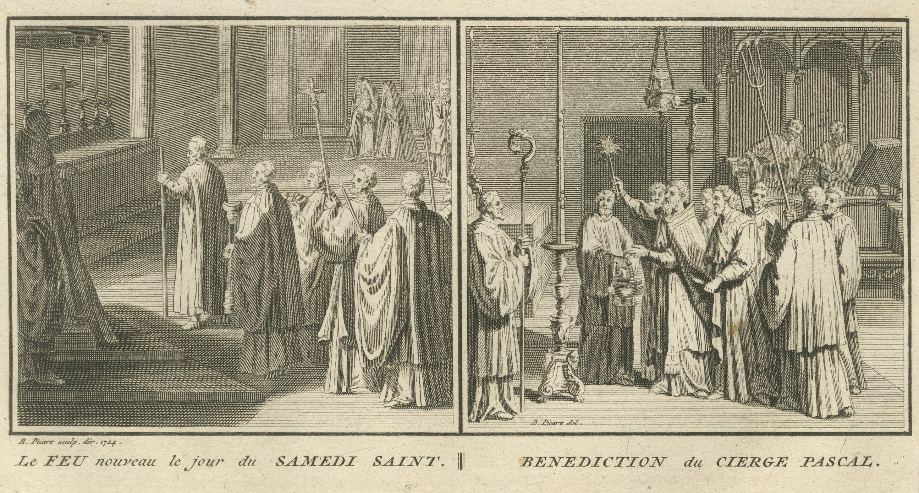 Riti della Settimana Santa e della Candelora - Incisione del 1734 di scene liturgiche cattoliche In condizioni buone in vendita a Langweer, NL