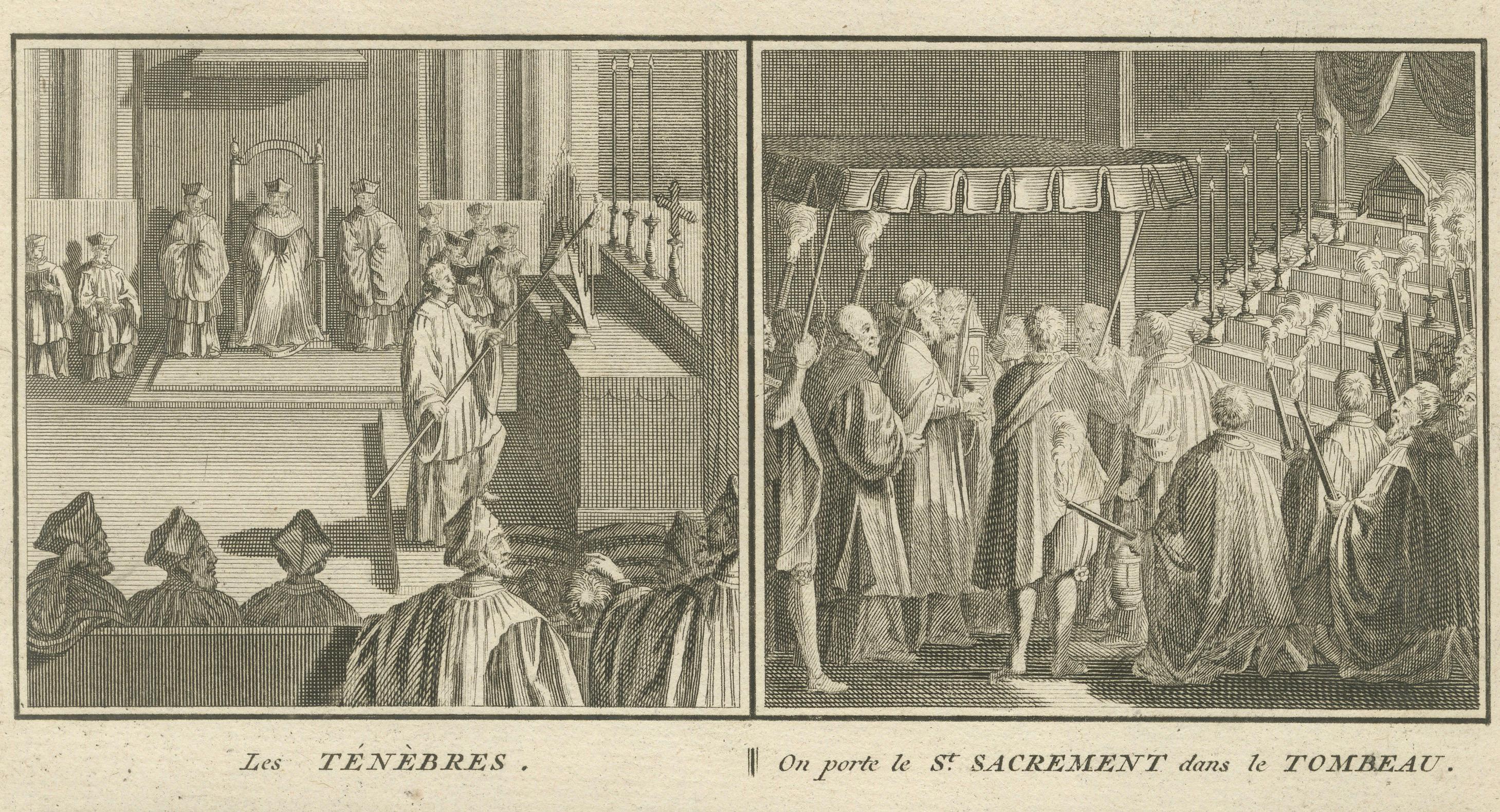 Metà XVIII secolo Riti della Settimana Santa e della Candelora - Incisione del 1734 di scene liturgiche cattoliche in vendita