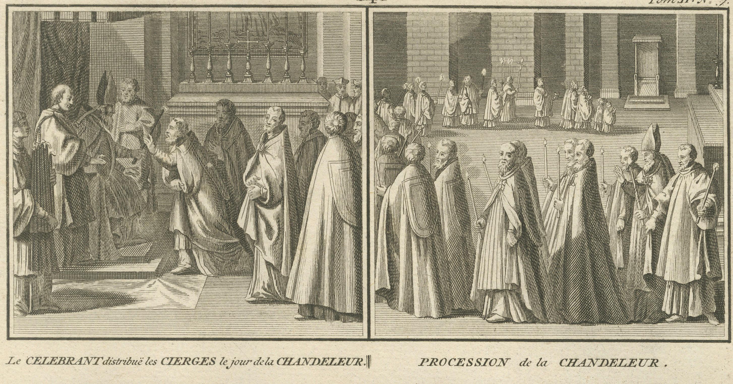 Carta Riti della Settimana Santa e della Candelora - Incisione del 1734 di scene liturgiche cattoliche in vendita