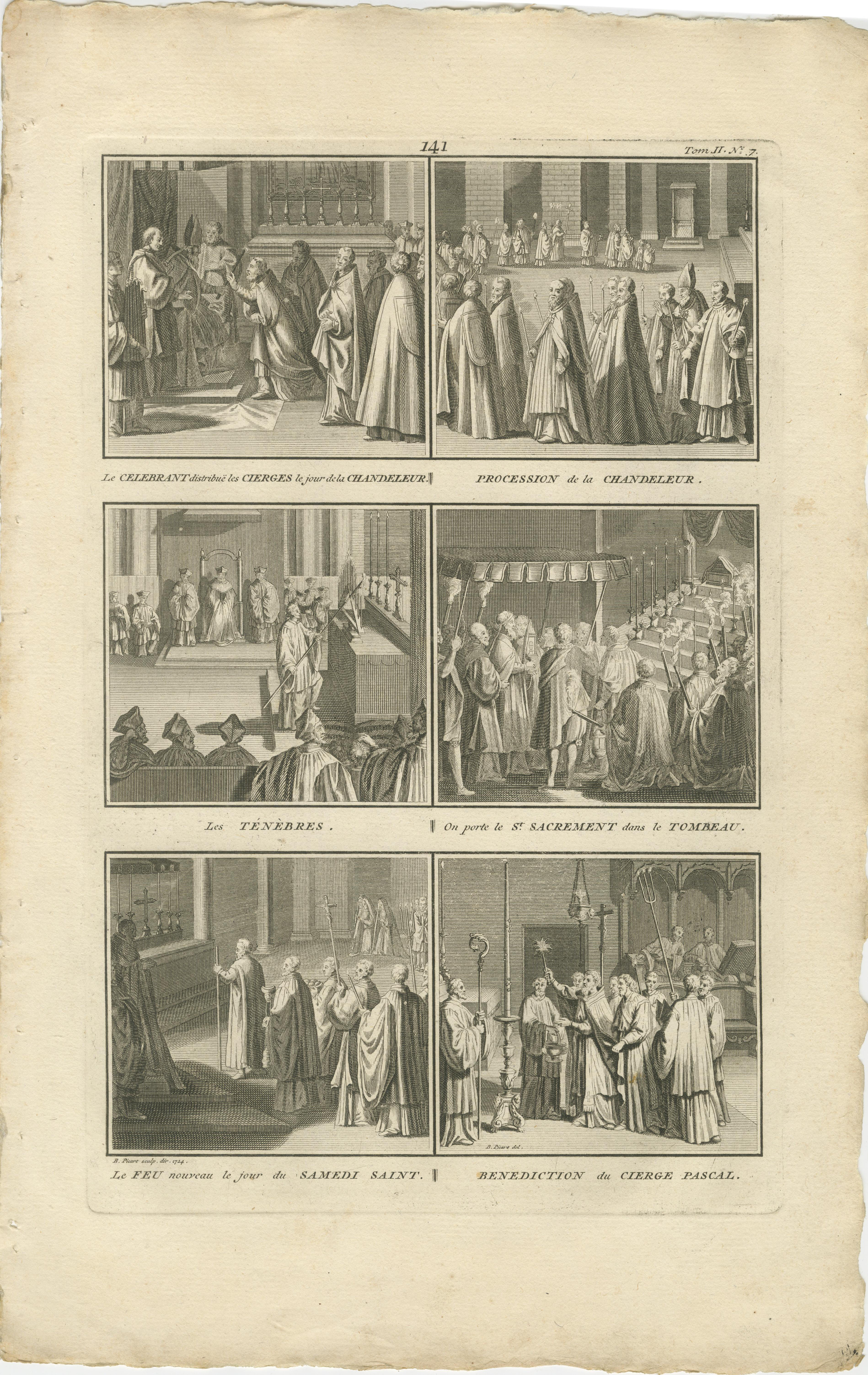 Riti della Settimana Santa e della Candelora - Incisione del 1734 di scene liturgiche cattoliche in vendita 1