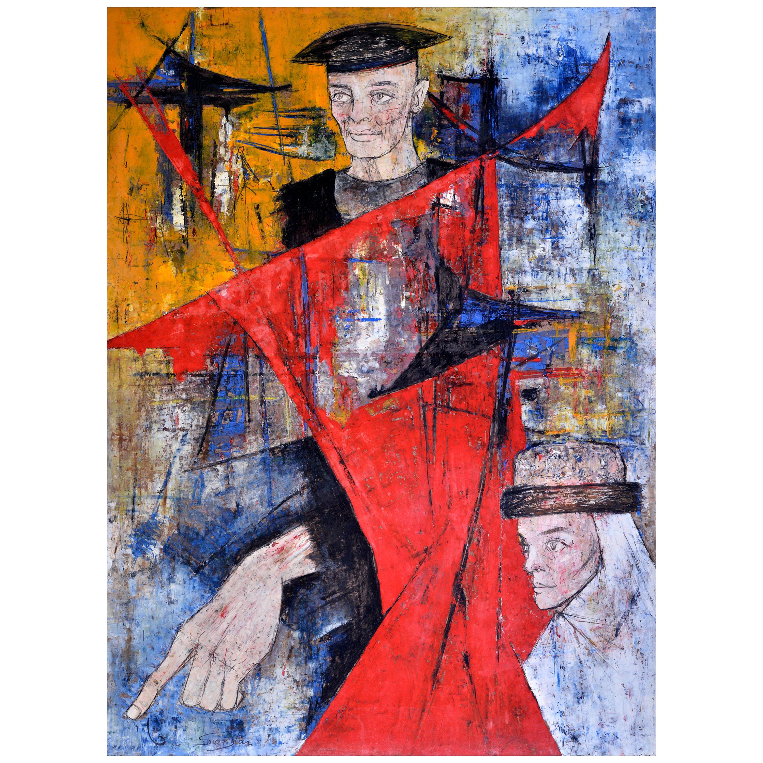 Homage to Bernard Buffet,  Hats on Blue, Yellow and Red, circa 1964 For Sale