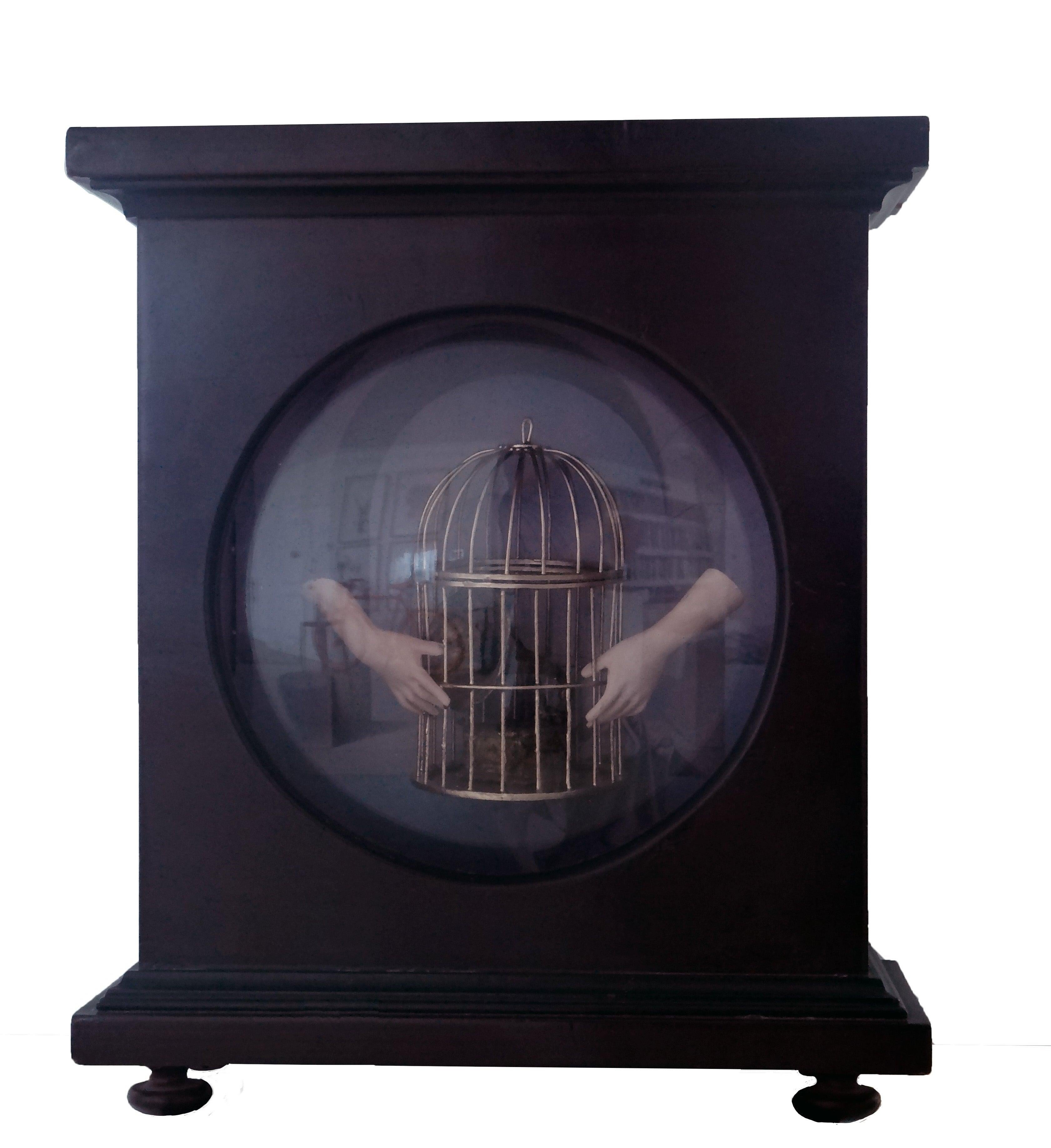 Colombian Homage to Magritte. Phonograph in a Gilded Cage, 1996.  Mixed Media Sculpture 