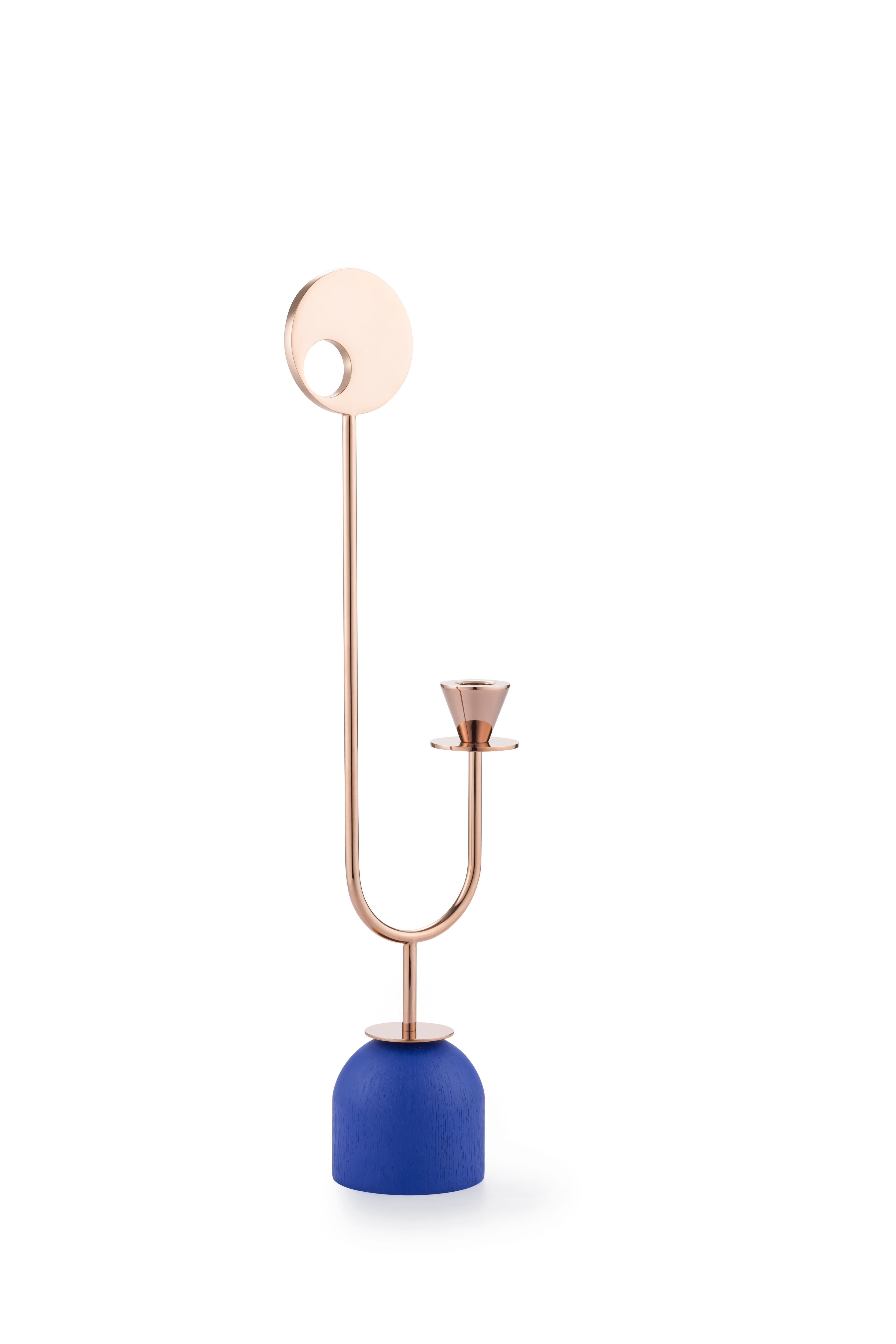 Homage to Memphis Movement, candleholder
Measures: D 8.5 x W 15 x H 50 cm
Plated metal coated with glossy pink copper finish
Base in ash veneer painted in matte dusty pink, yellow or blue

Paris-Memphis capsule collection draws its inspiration