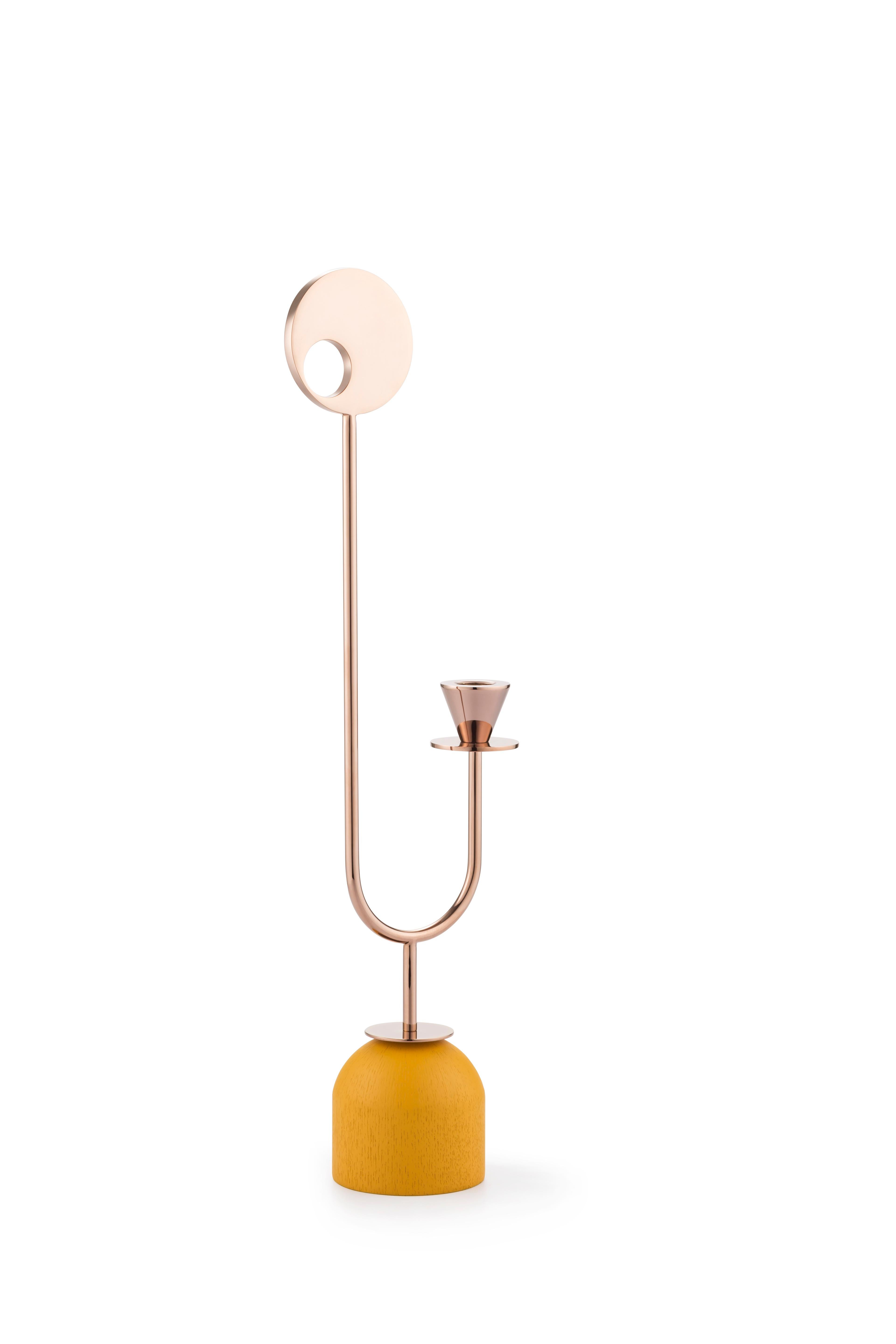 Homage to Memphis movement, candleholder
Measures: D 8.5 x W 15 x H 50 cm
Plated metal coated with glossy pink copper finish
Base in ash veneer painted in matte dusty pink, yellow or blue

Paris-Memphis capsule collection draws its inspiration