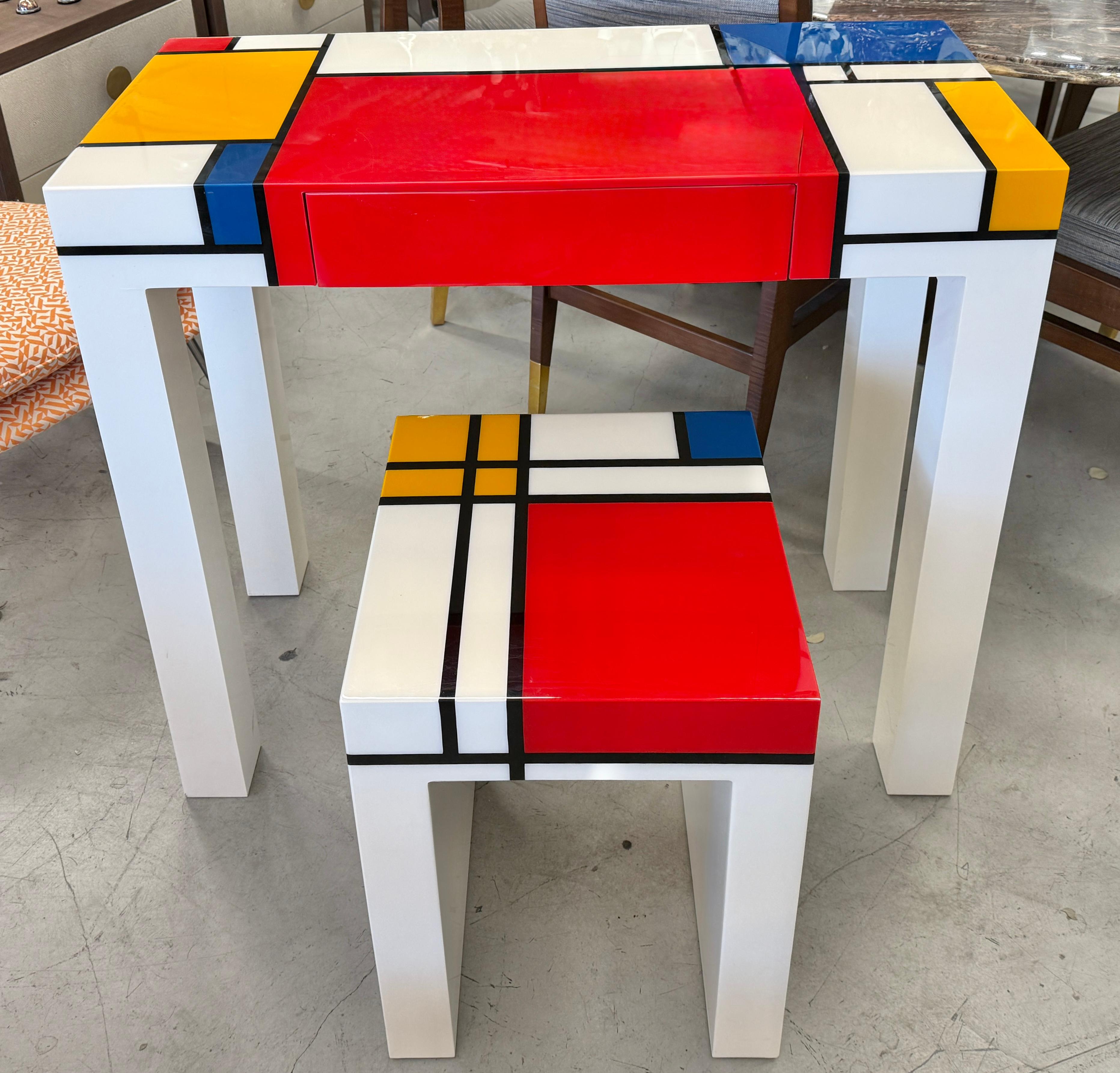Hand-Crafted Homage to Mondrian Desk and Stool For Sale