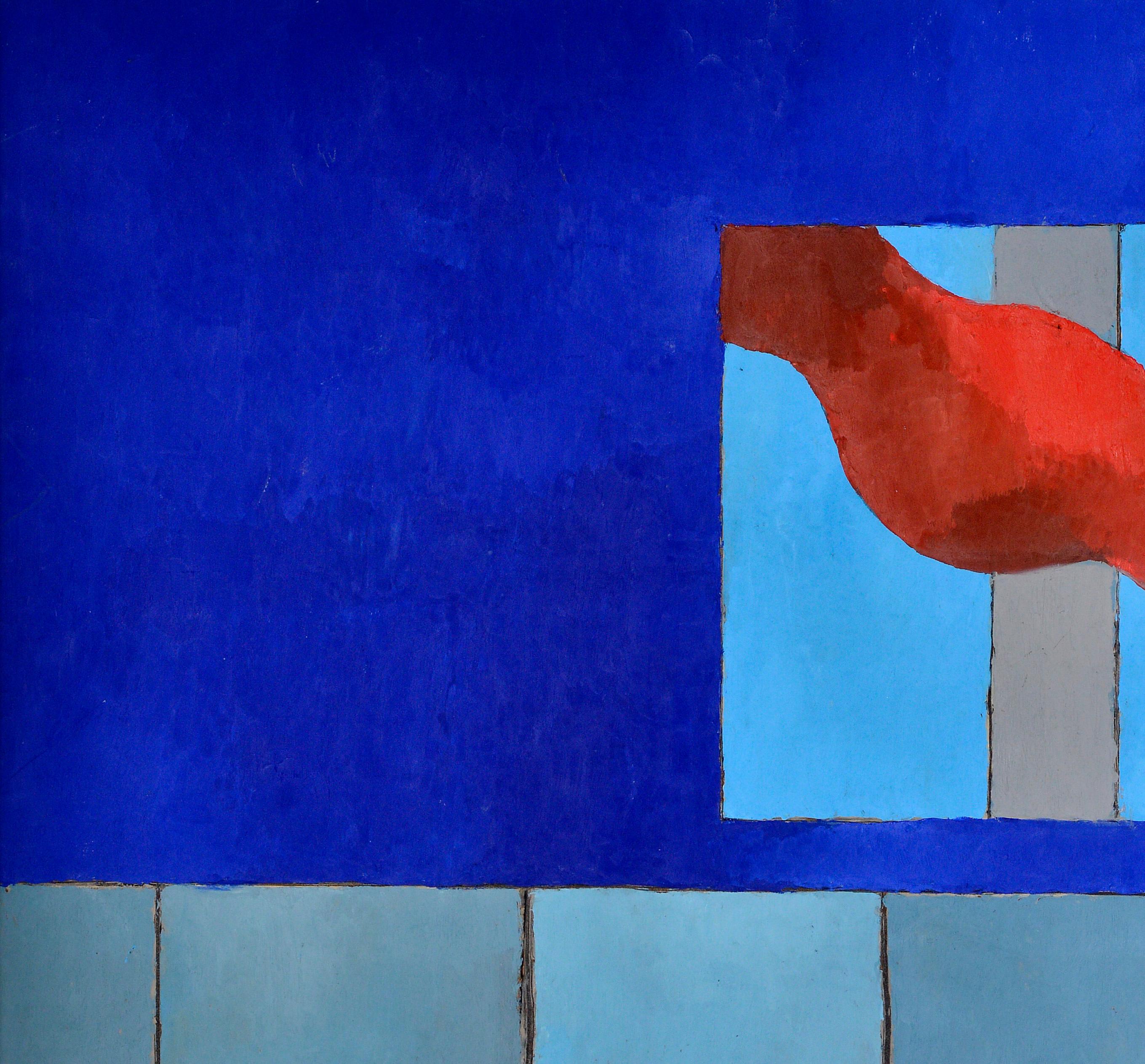French Window to the sea in Blue and Grey Nuances  Abstract Flag in Red, circa 1976 For Sale