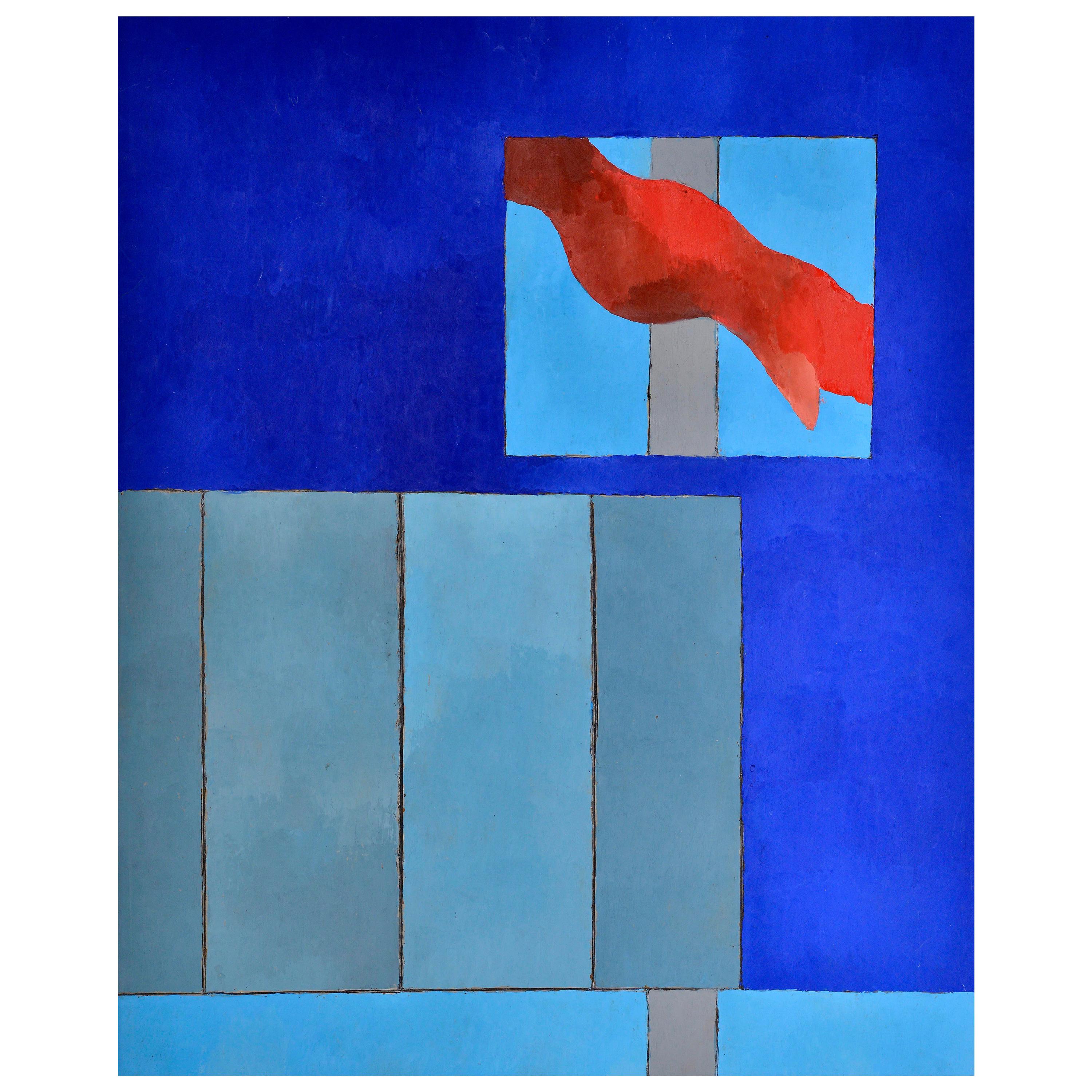 Window to the sea in Blue and Grey Nuances  Abstract Flag in Red, circa 1976 For Sale