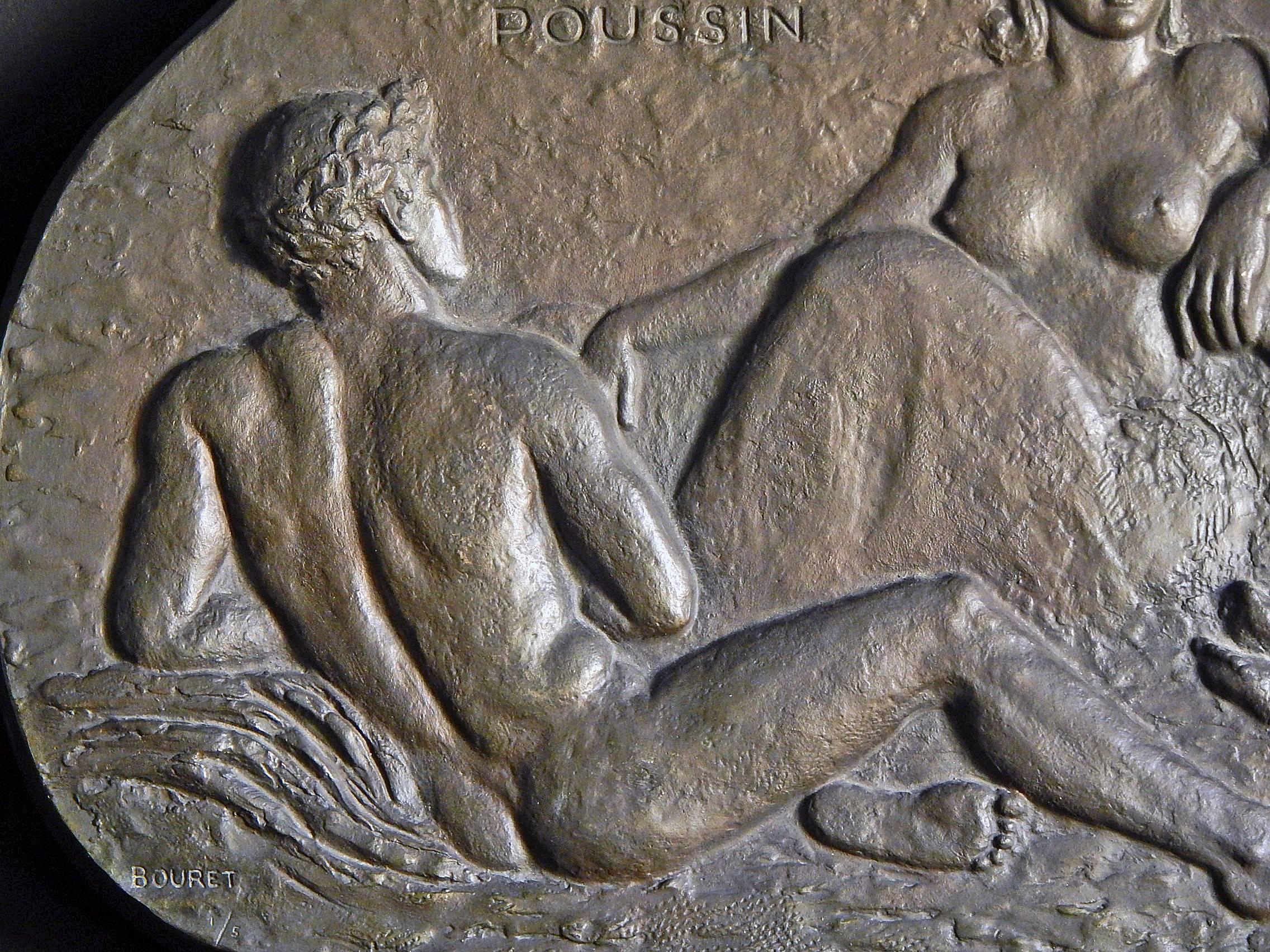 A rare and gorgeous bronze panel, this bas relief sculpture was created by Pierre Bouret in honor of Nicolas Poussin. It's multiple male and female nudes in a bucolic setting are clearly inspired by some of Poussin's Arcadian paintings, such as The
