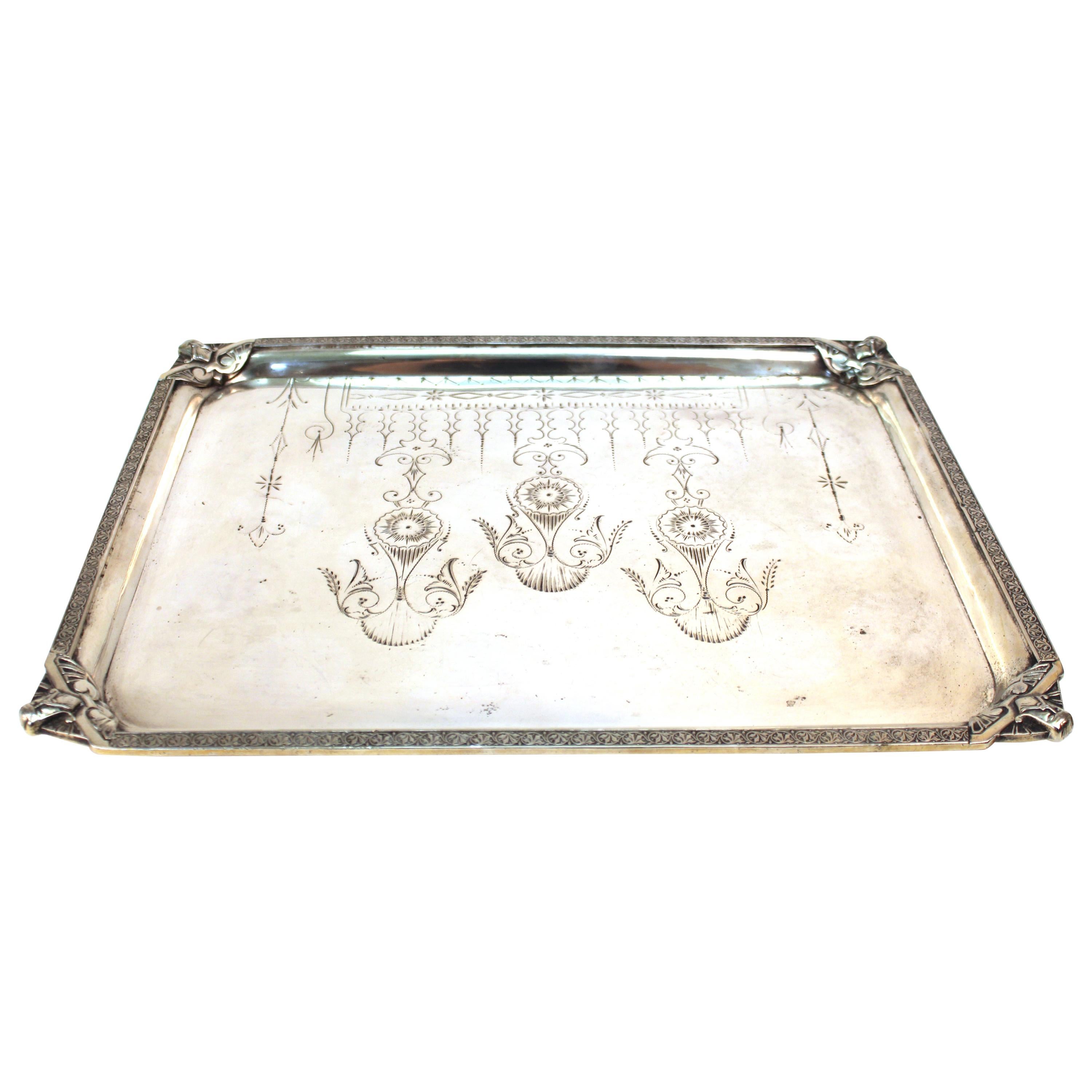 Homan English Victorian Silver Plated Serving Tray with Mascaron Decoration