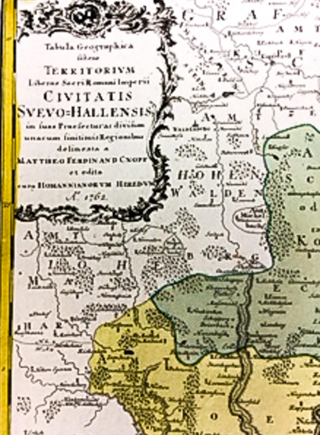 Karte der Tabula Geographica Territorium Civitatis Svevo=Hallensis von Homann 1762 – Print von Homann Heirs