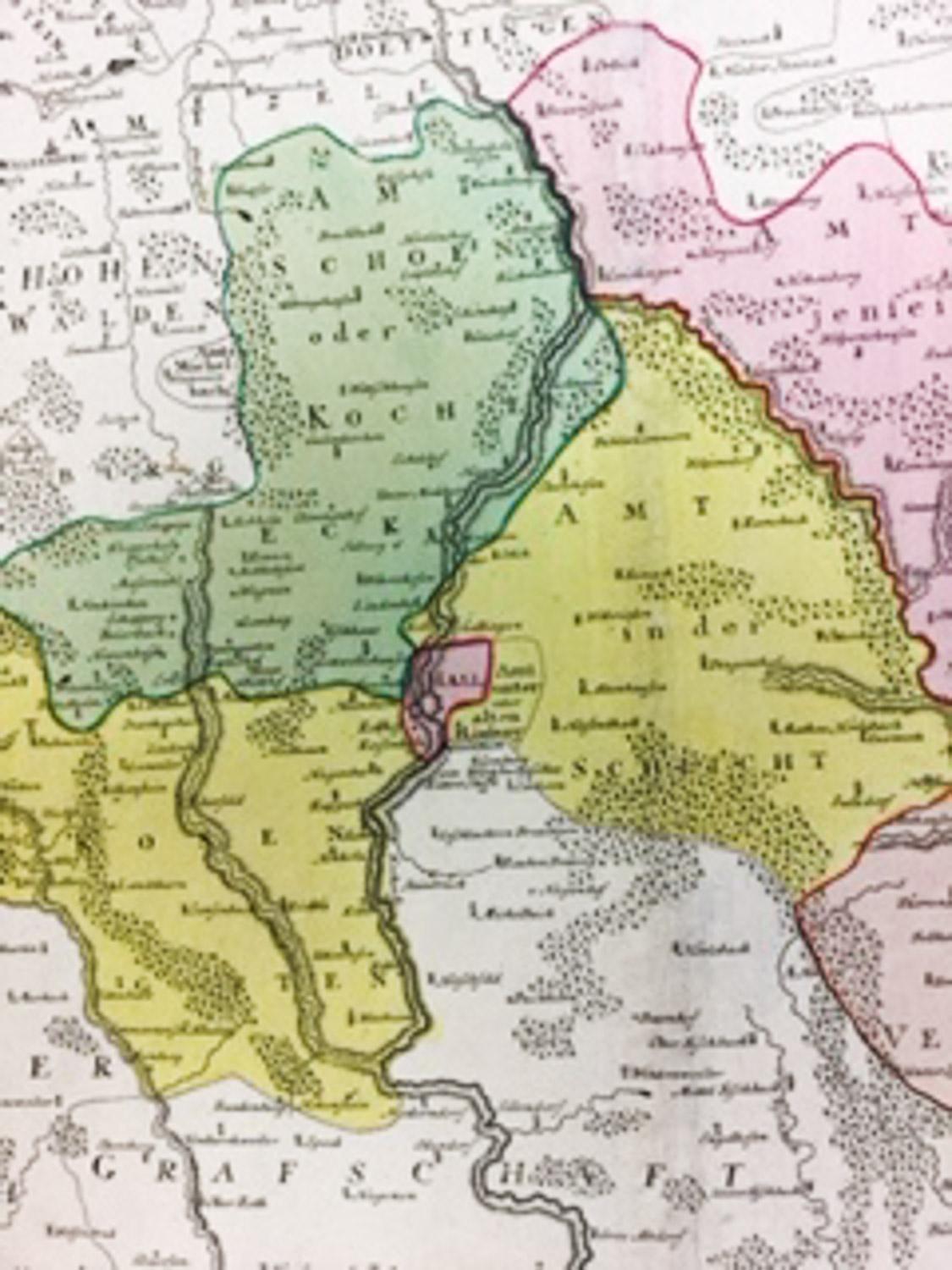     Karte der Tabula Geographica  sistens Territorium Liberae Sacri Romani Imperi Civitatis Svevo=Hallensis in suas Praefecturas divisum unacum finitimis Regionibus delineata a Mattheo Ferdinand Cnopf et edita cura Homannian orum Heredum a 1762 (Das