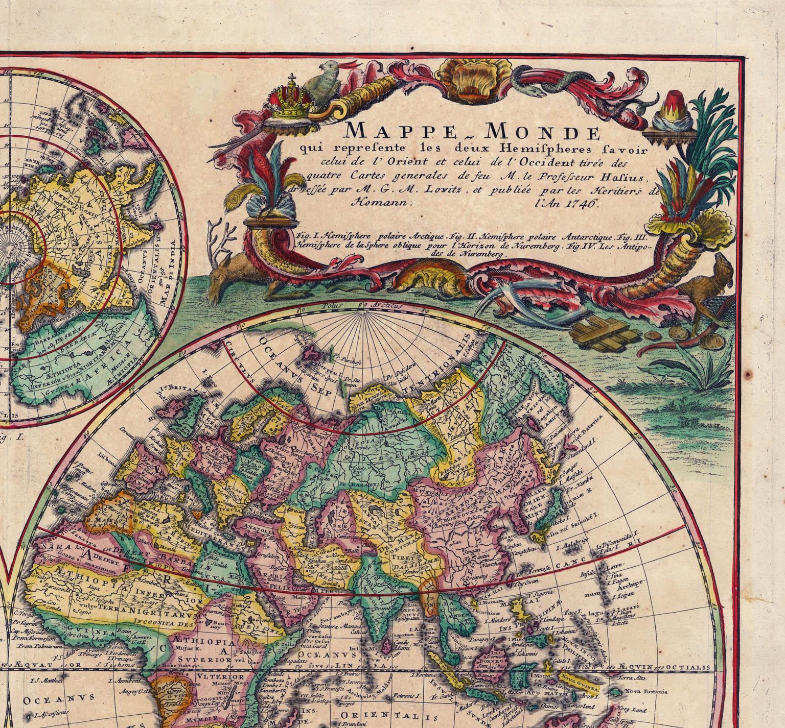 Planiglobii Terrestris Mappa Universalis / Mappe Monde (Beige), Print, von Homann Heirs