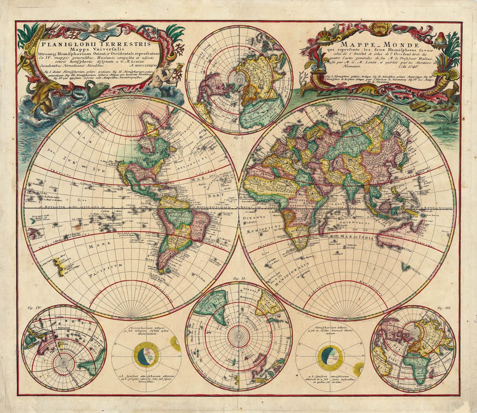 Planiglobii Terrestris Mappa Universalis / Mappe Monde - Art by Homann Heirs