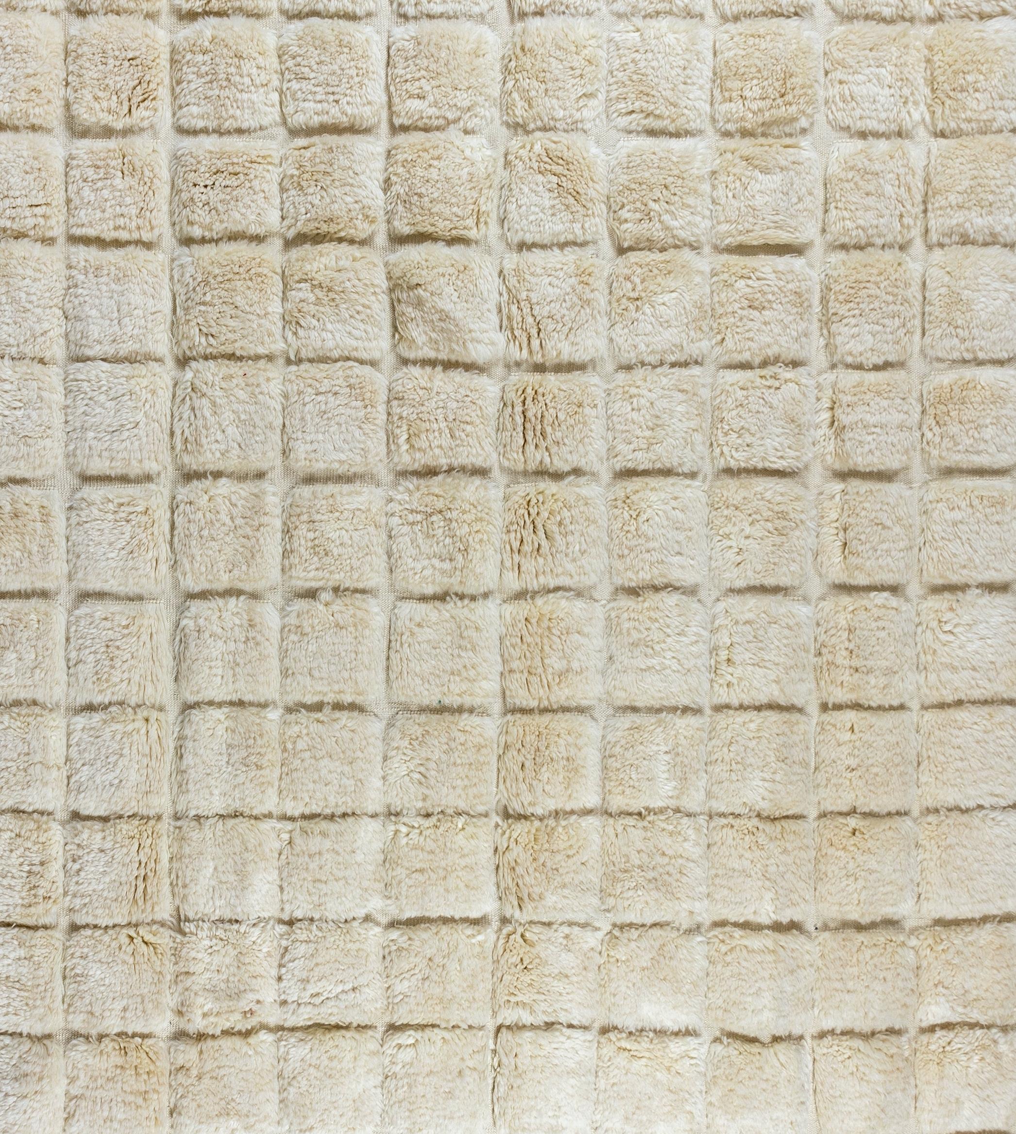 Turkish Home Decor Grid Pattern Tulu Rug, 100% Wool, Handmade Cream Checkered Carpet For Sale