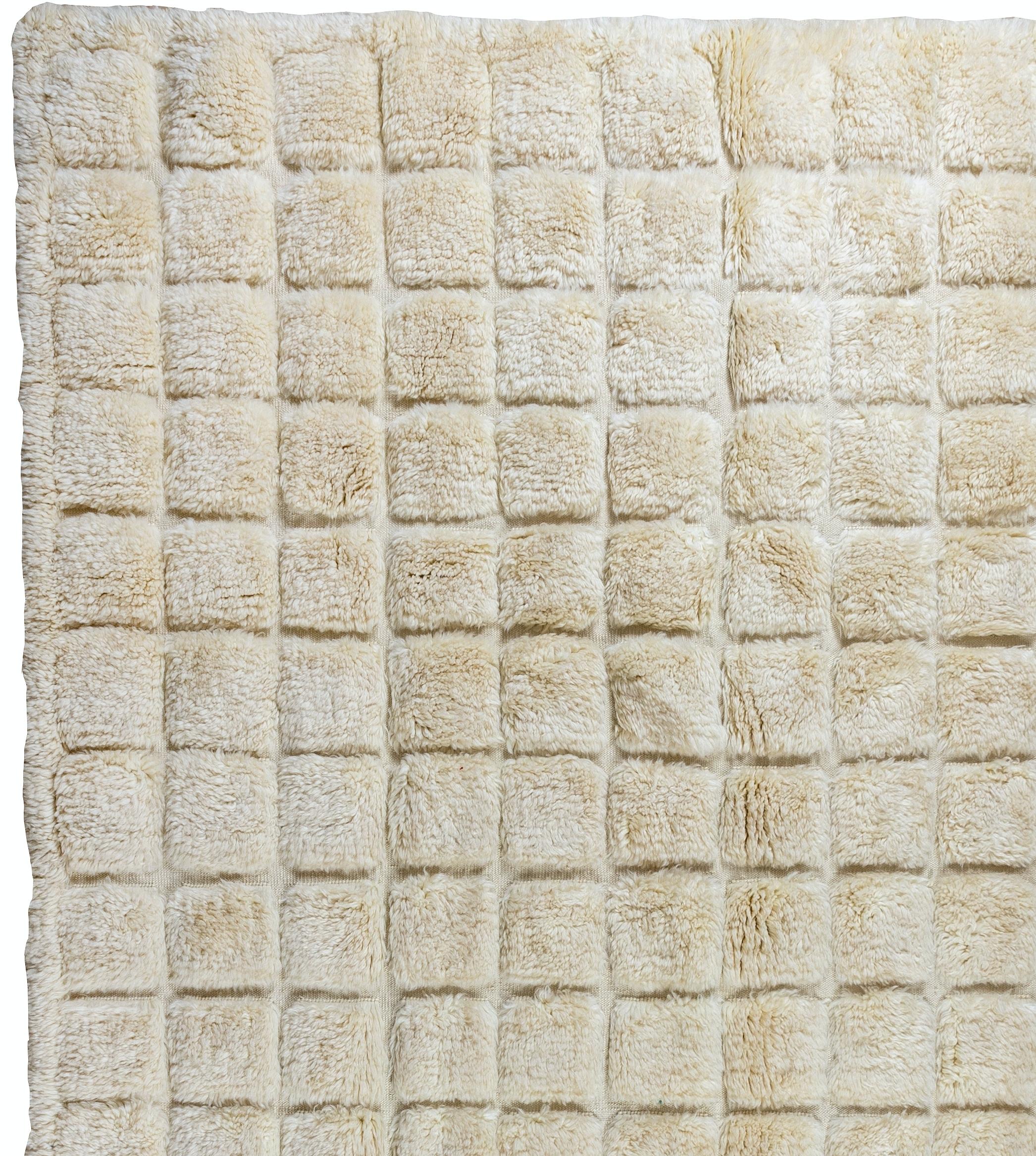 Tulu-Teppich mit Gittermuster, 100 % Wolle, handgefertigter cremefarbener karierter Teppich (Handgeknüpft) im Angebot