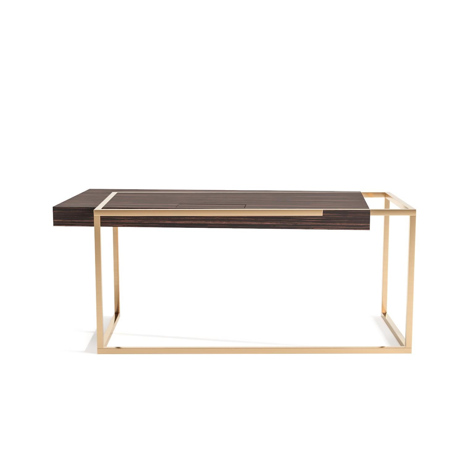 The Executive Desk ExCentric 2.0 listed here is made in ebony macassar wood and brushed brass. However, we can produce this in customized options: 
Structure: Stainless steel (polished or brushed); brass (polished or brushed).
Tabletop: Another