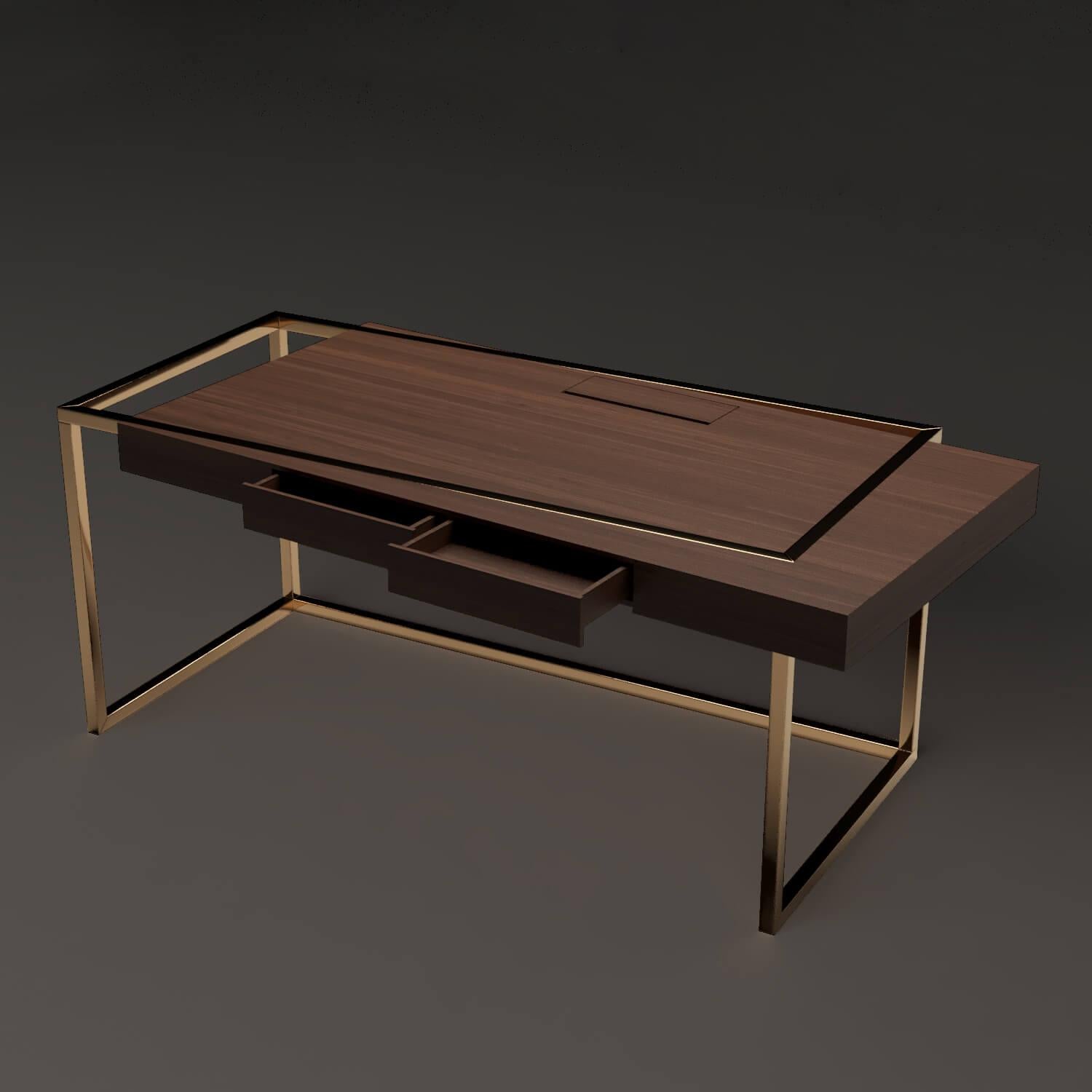 The Moderns Home Office Accent Writing Executive Desk Walnut Wood and Brushed Brass (en anglais) en vente 2